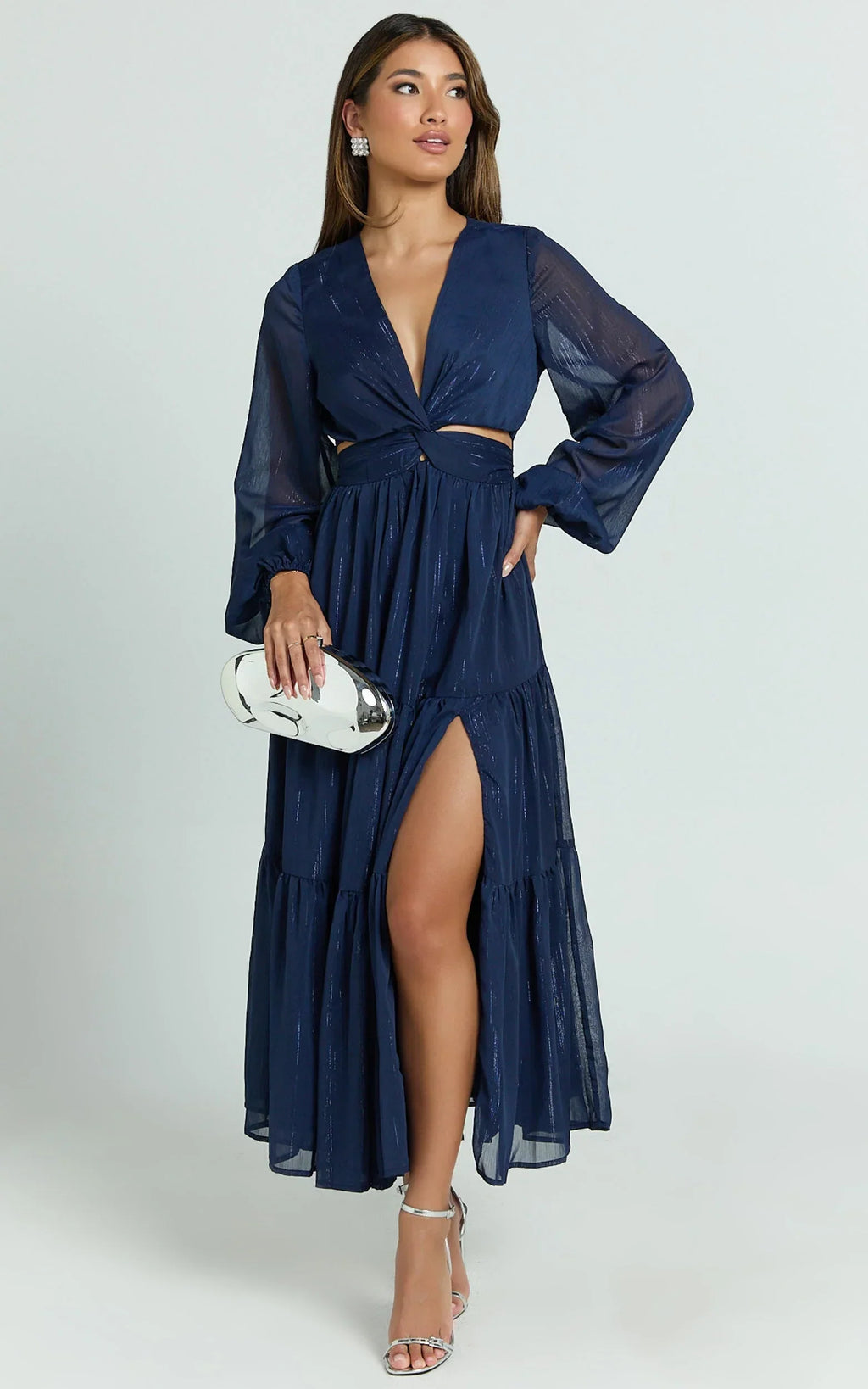Edelyn Midi Dress - Cut Out Balloon Sleeve Tiered Dress in Navy