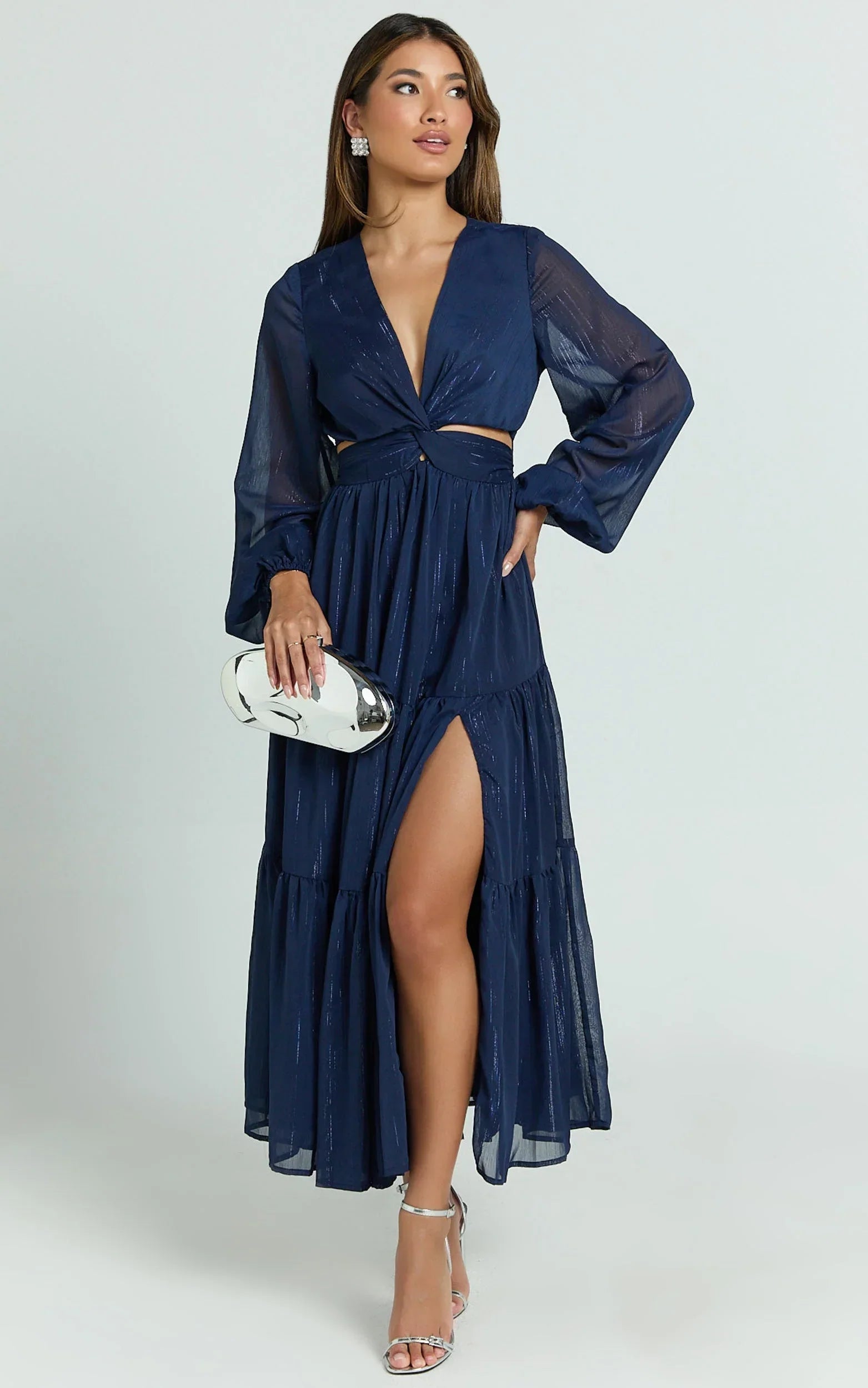 Edelyn Midi Dress - Cut Out Balloon Sleeve Tiered Dress in Navy