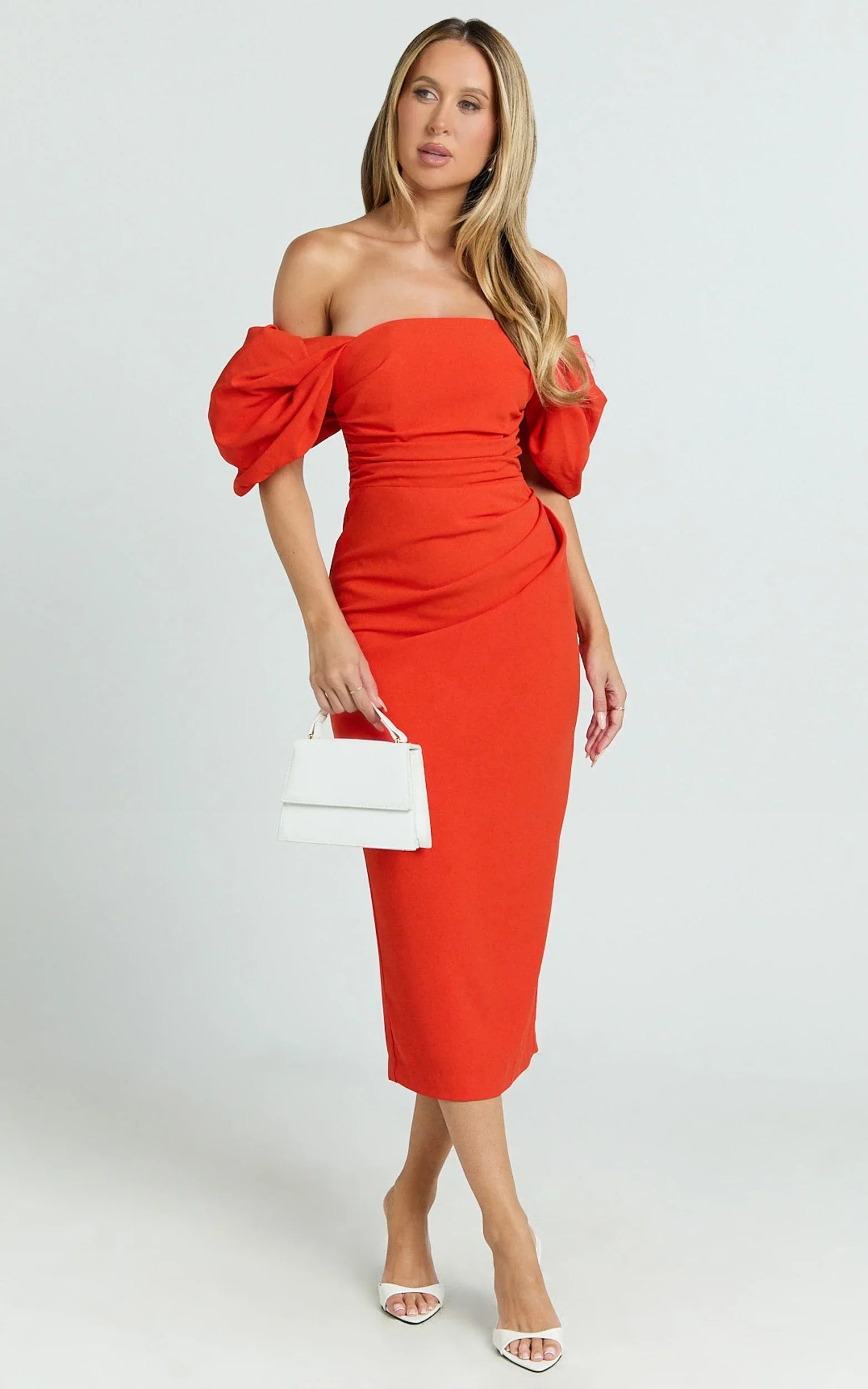 Lohan Midi Dress - Off Shoulder Puff Sleeve in Orange