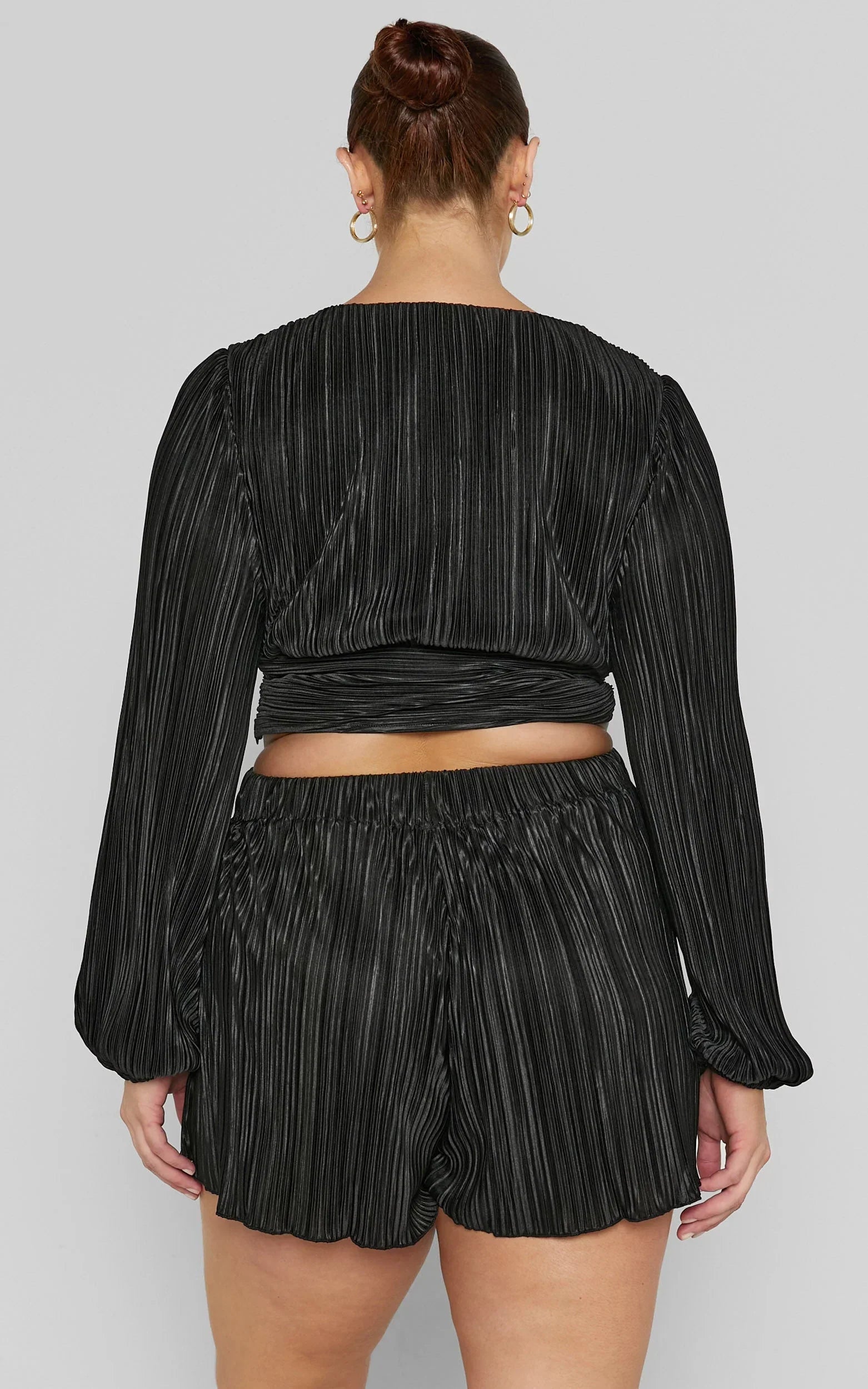 Jondra Blouse - Ruched Front Long Sleeve Plisse Blouse in Black