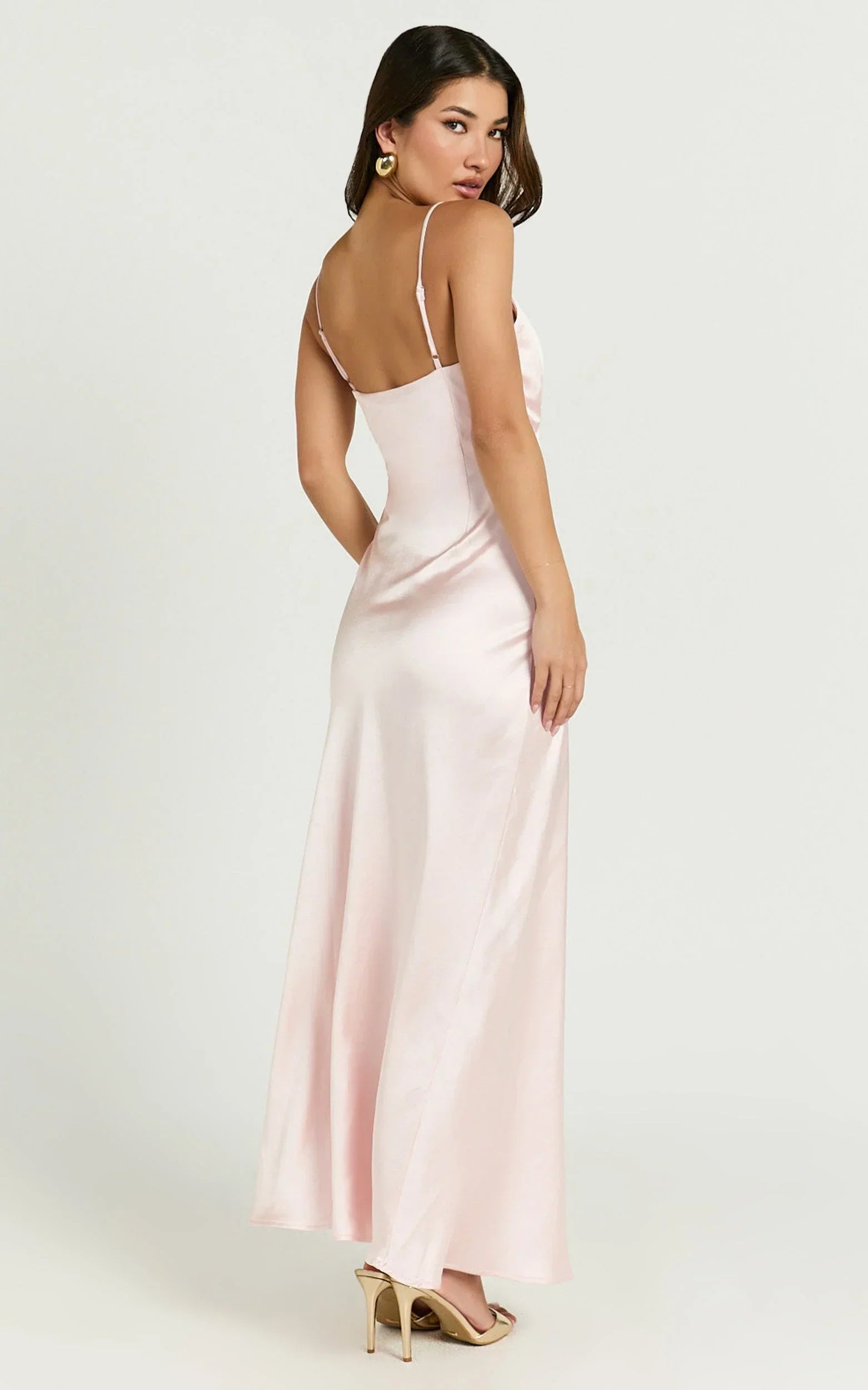Lorenzia Maxi Dress - Plunge Corset Underbust Detail Satin Dress in Light Pink