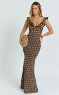 Isla Maxi Dress - Ruffle Sleeve Polka Dot Dress in Chocolate Polka Dot