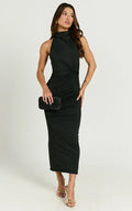 Olenna Midi Dress - Halter Neck Twist Detail Tie Back Dress in Black