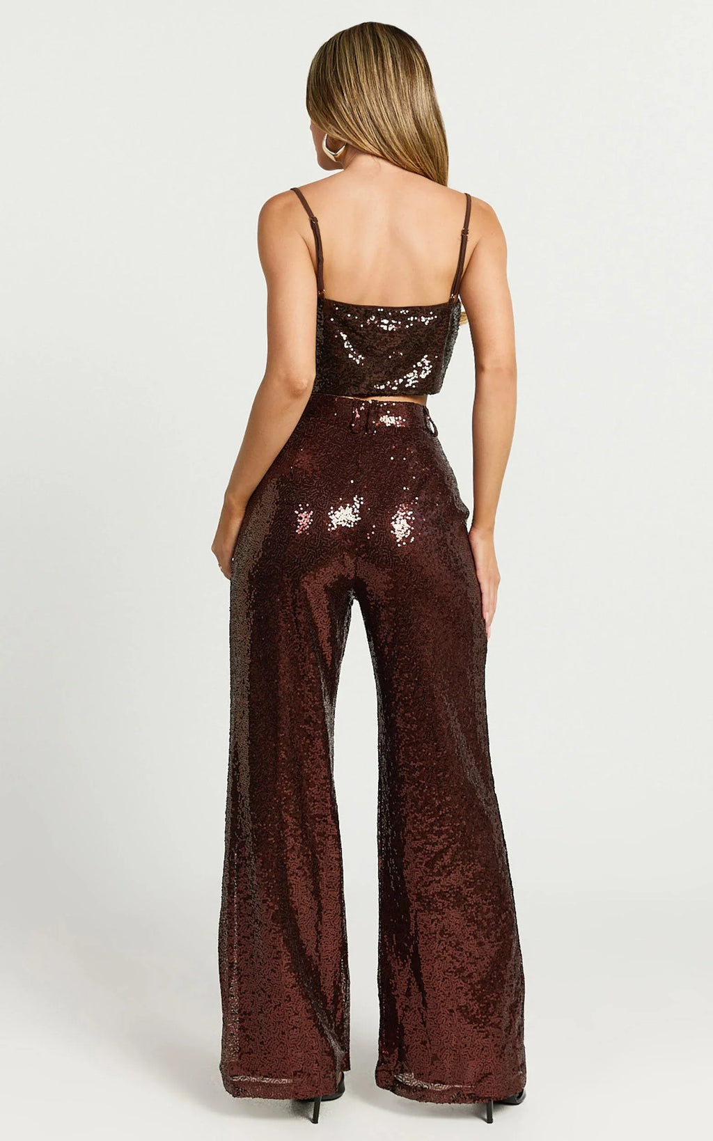 Elswyth Pants - Tailored Wide Leg Sequins Pants in Chocolate