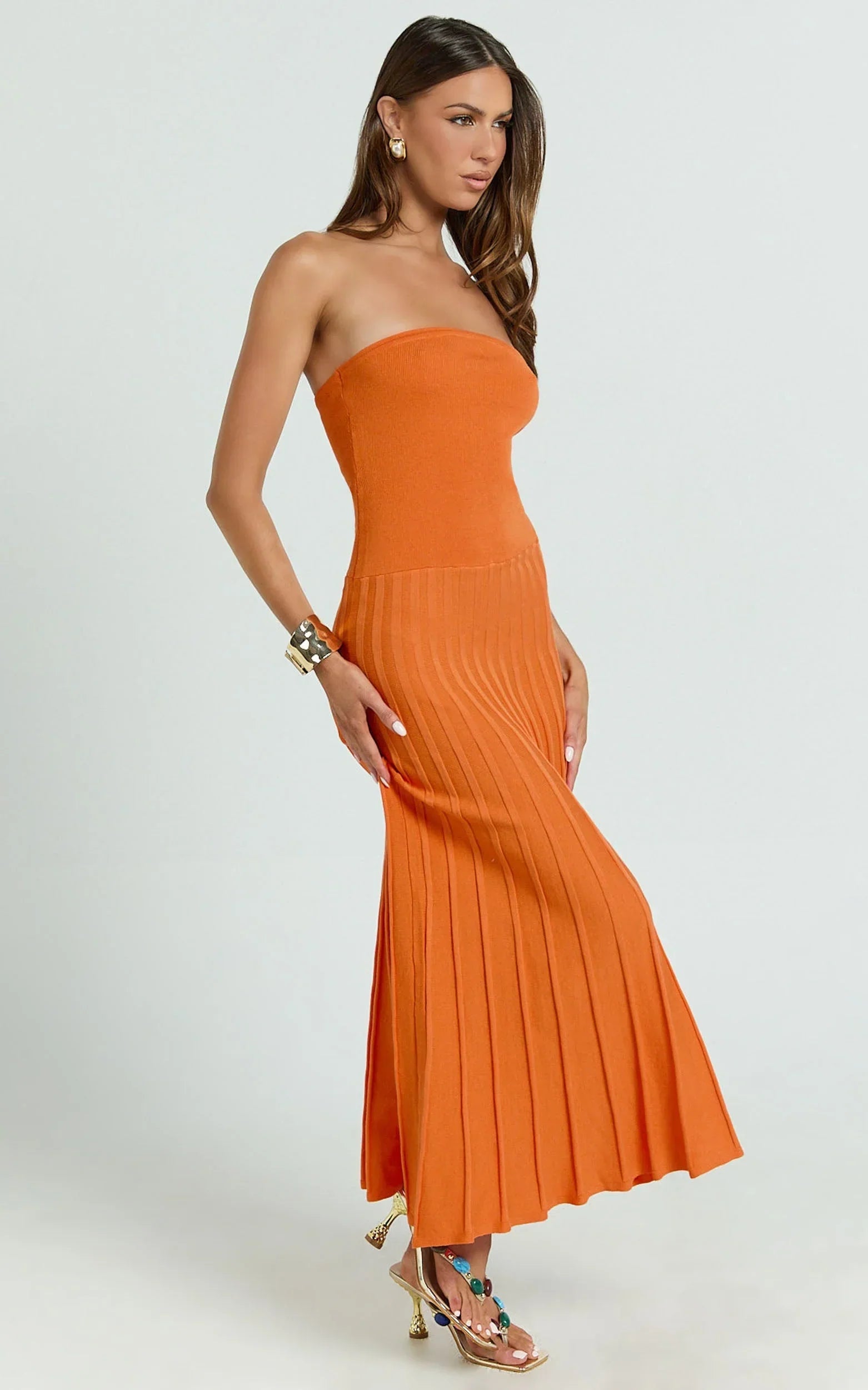Paris Midi Dress - Strapless Drop Waist Pleated Knit Dress in Orange