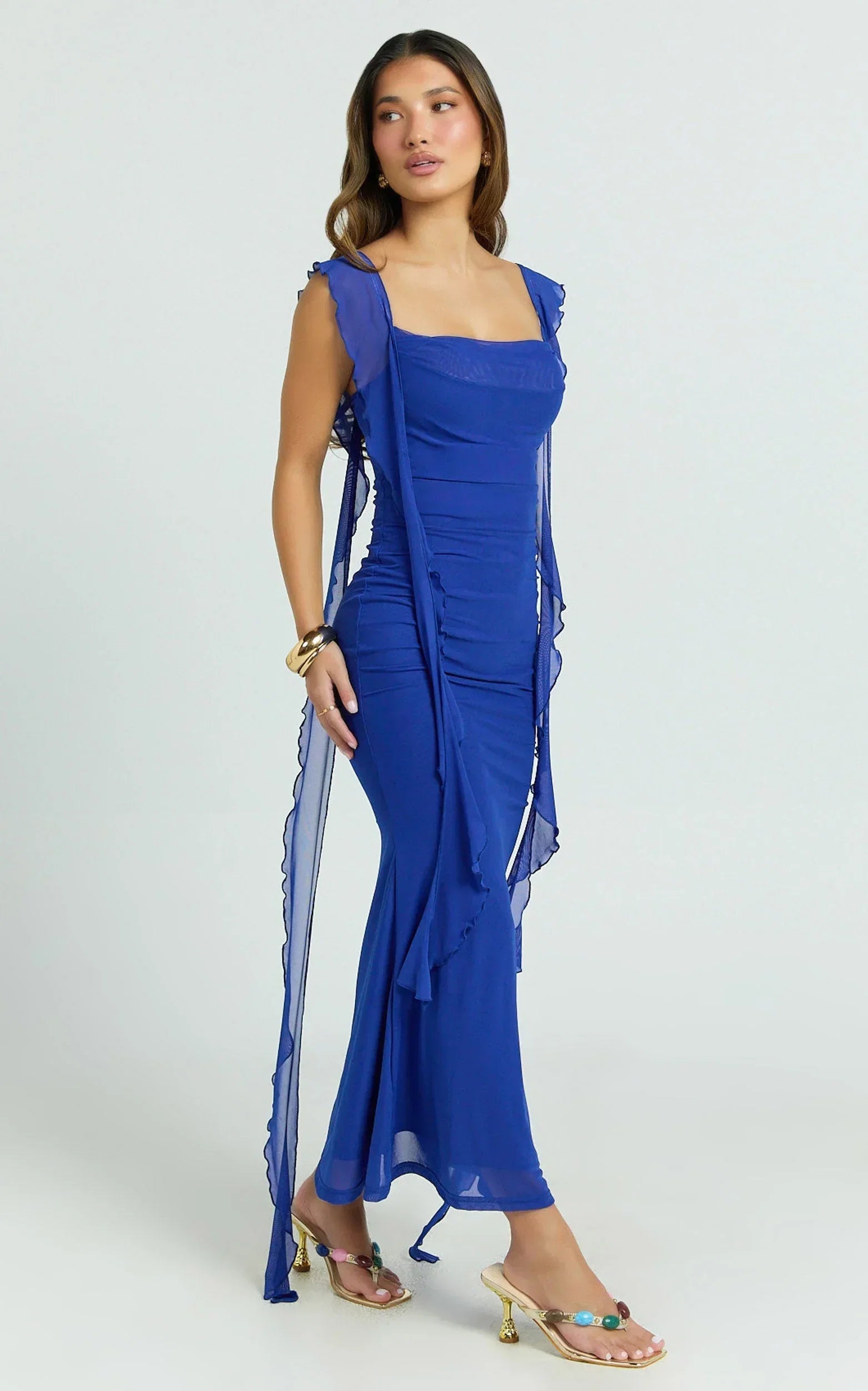 Rosha Midi Dress - Ruffle Strap Dress in Electric Blue