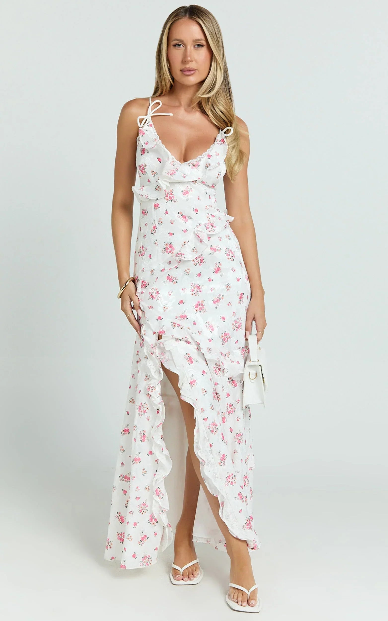 Justine Maxi Dress - Jacquard V Neck Ruffle Tiered  Dress in Romantic Ditsy Print