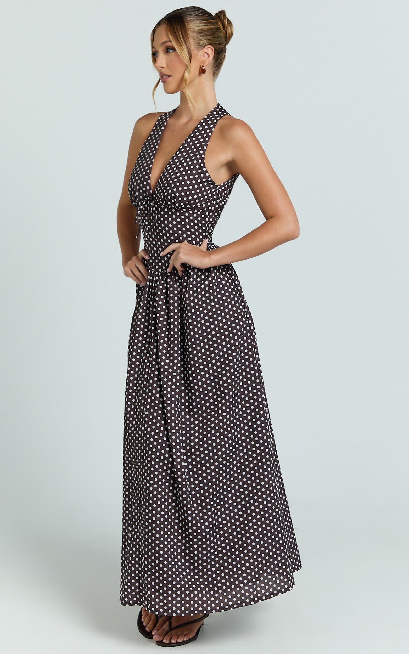 Abby Midi Dress - Sleeveless V-Neckline Dress in Chocolate Polkadot
