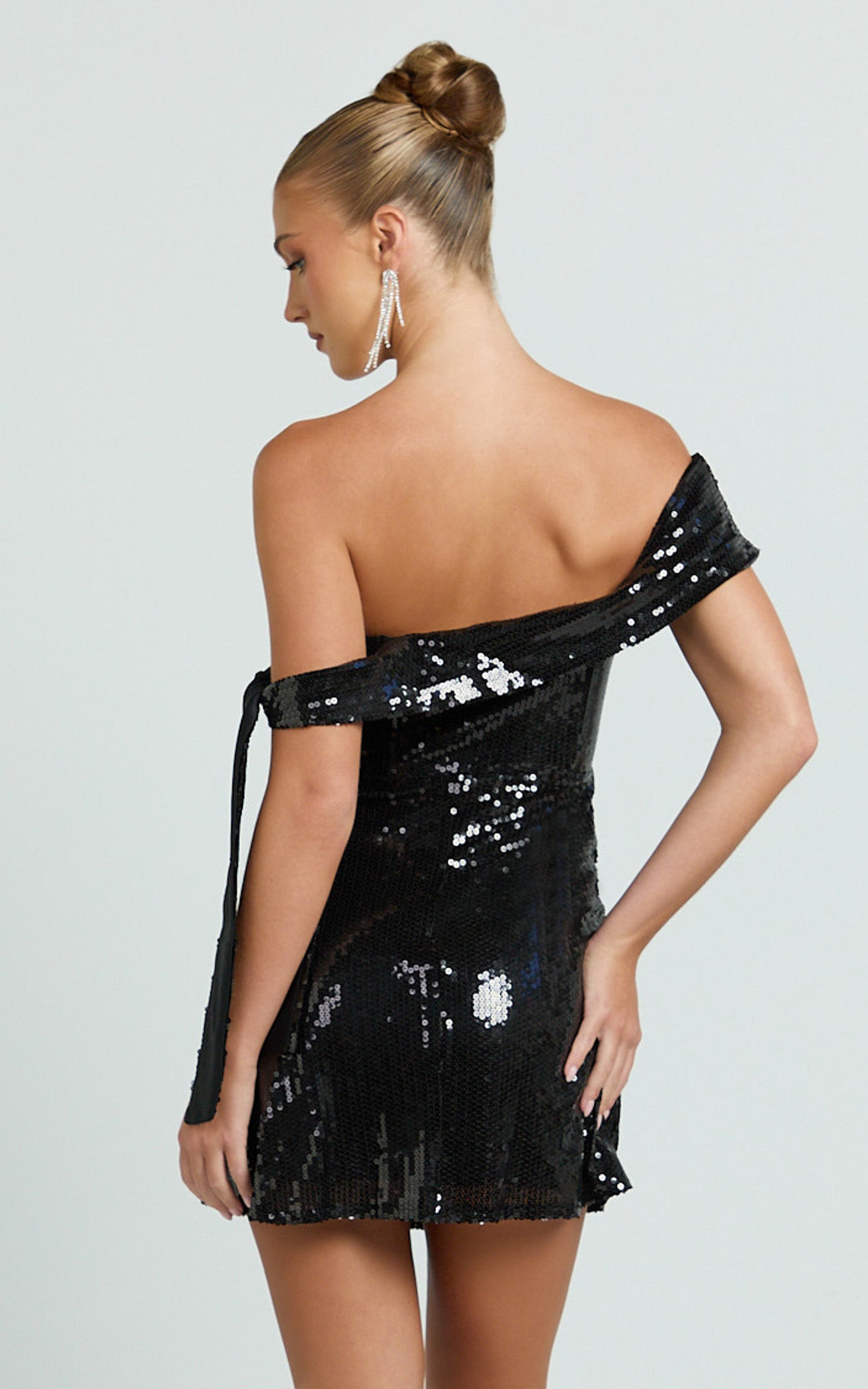 Ace Mini Dress - Sequin Off Shoulder Tie Detail Dress in Black