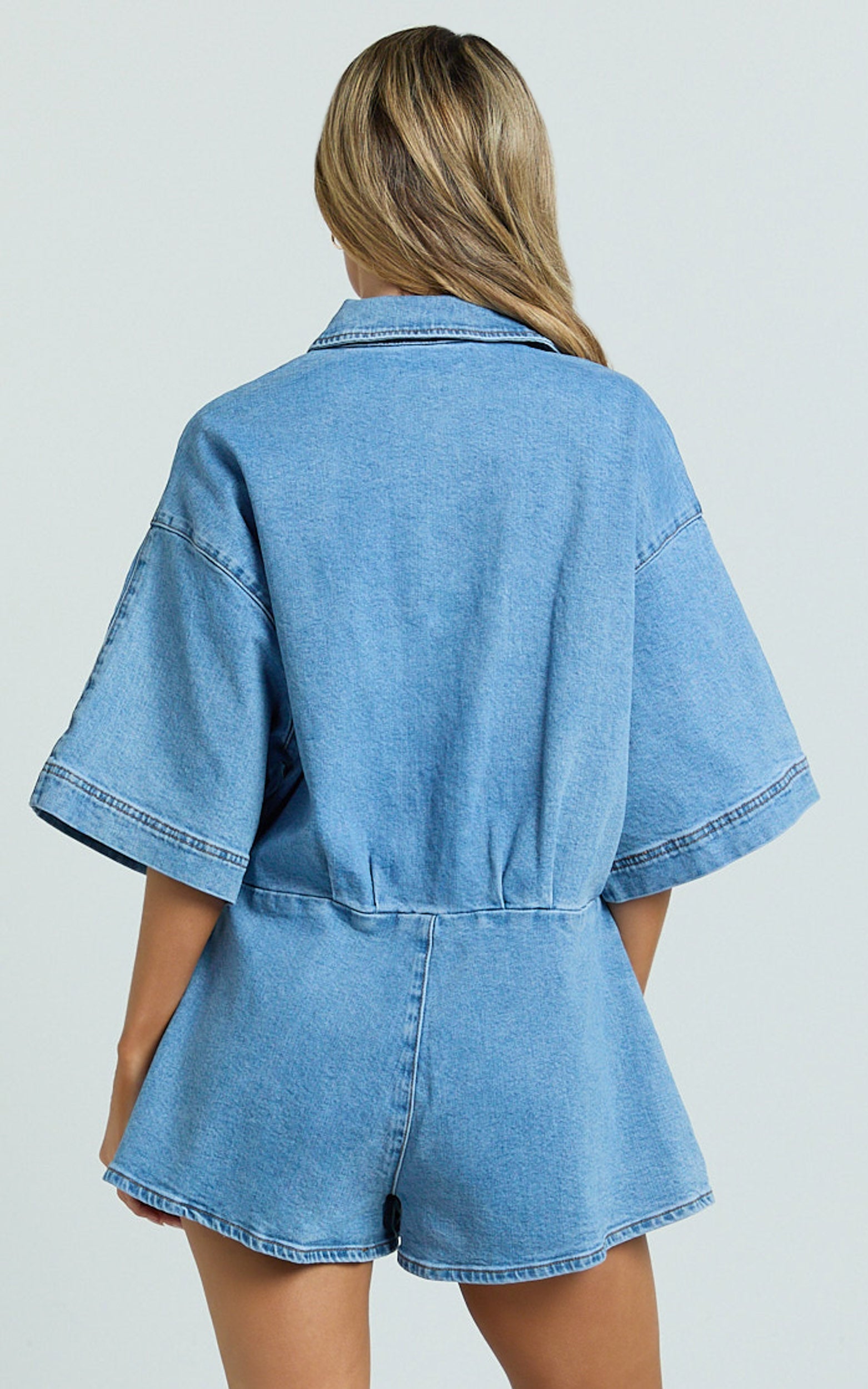 Adelina Playsuit - Relaxed Button Down Short Sleeve Denim Playsuit in Light Blue Wash