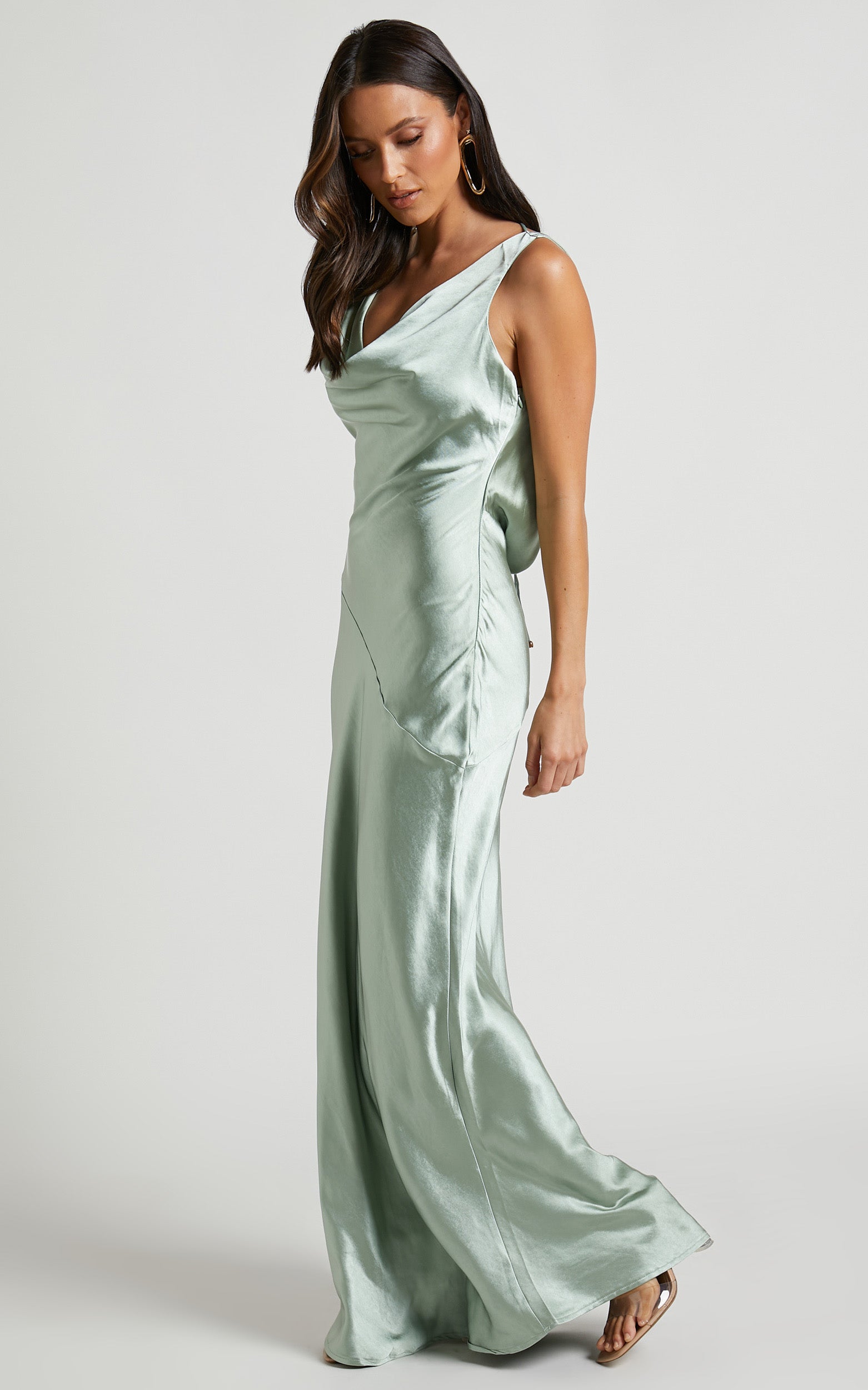 Adilah Maxi Dress - Cowl Neck Satin Dress in Pistachio