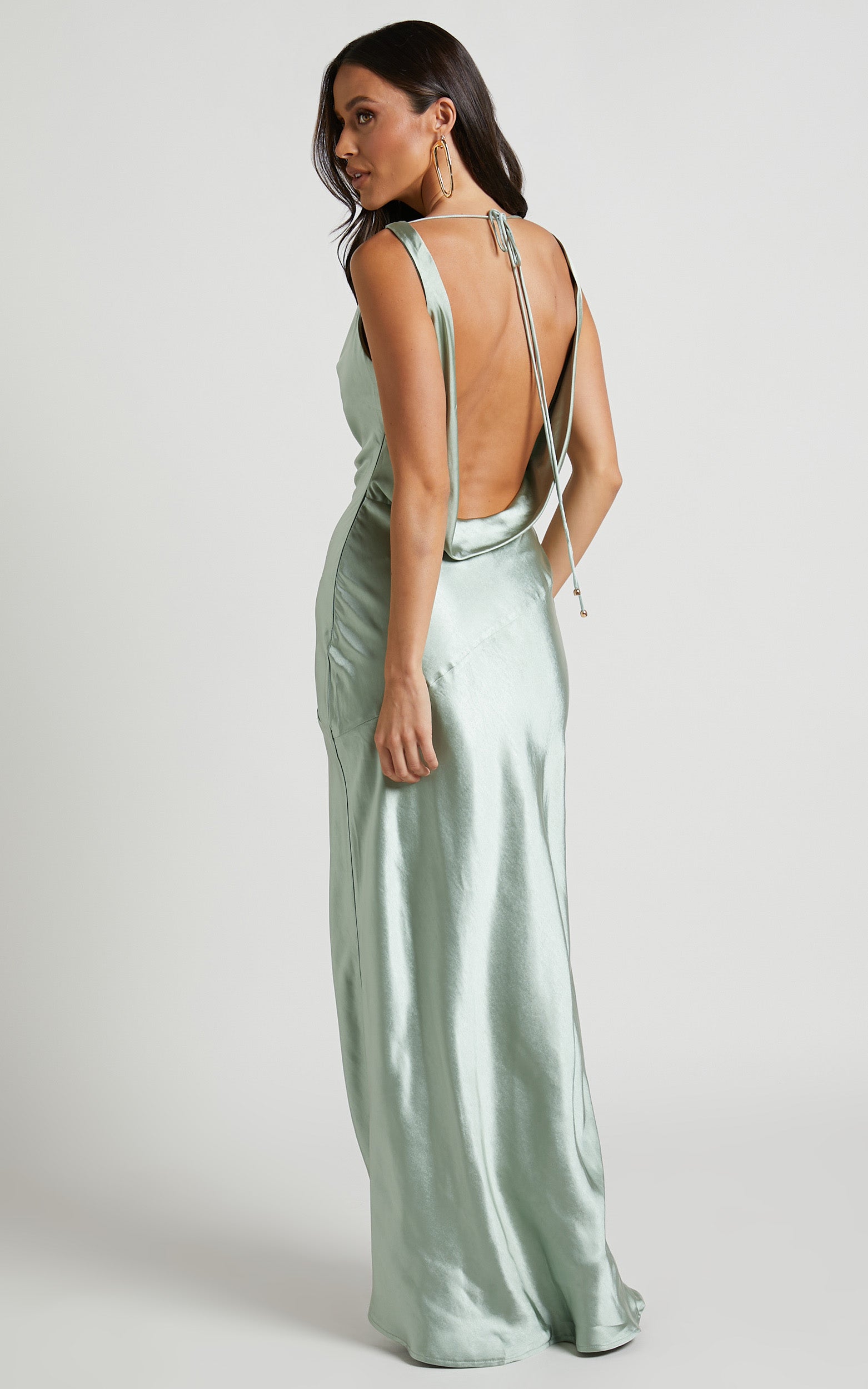 Adilah Maxi Dress - Cowl Neck Satin Dress in Pistachio