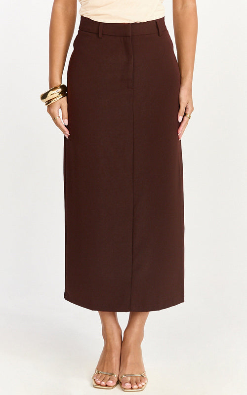 Alanna Midi Skirt - High Waisted Back Split Pencil Skirt in Chocolate