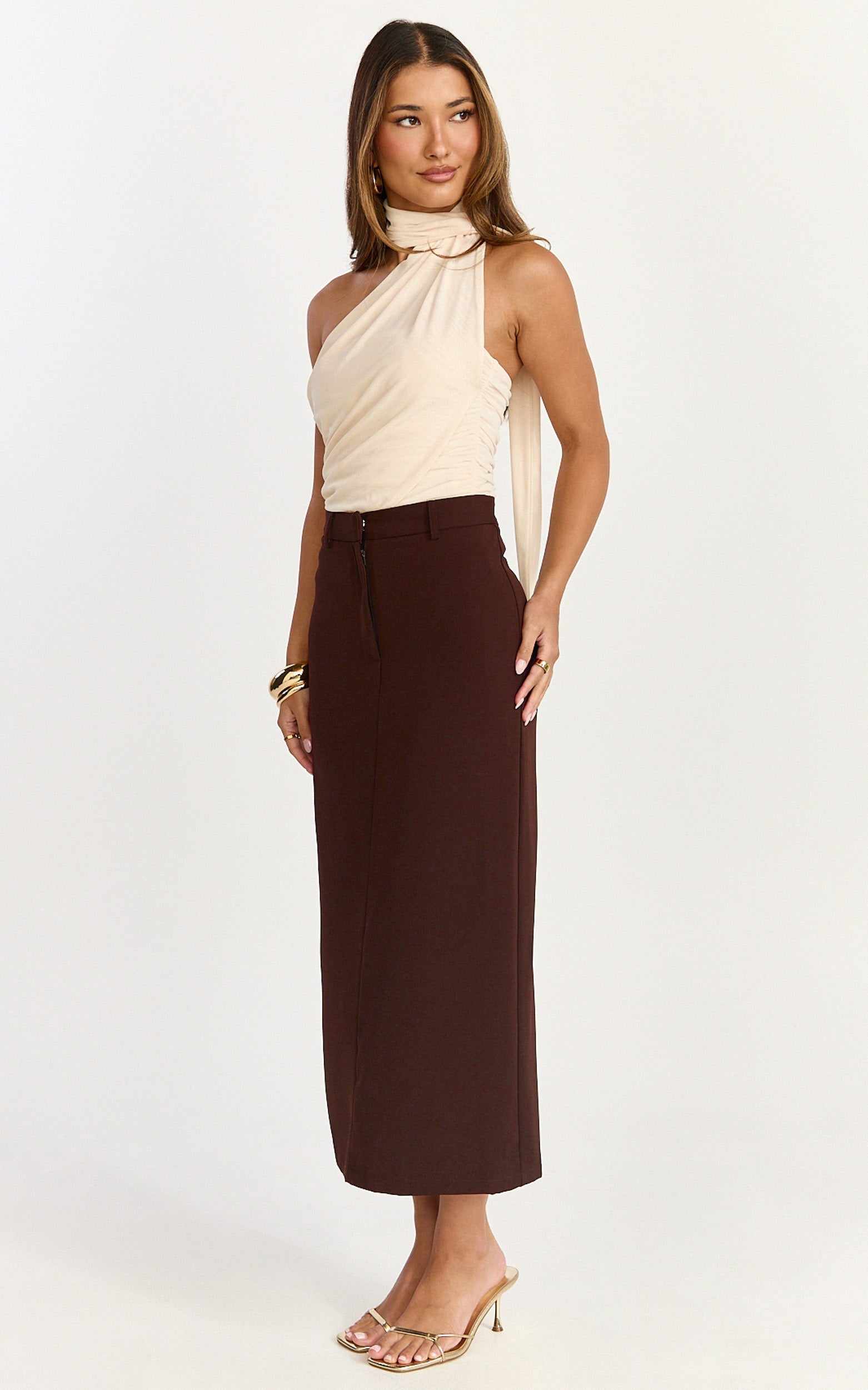 Alanna Midi Skirt - High Waisted Back Split Pencil Skirt in Chocolate