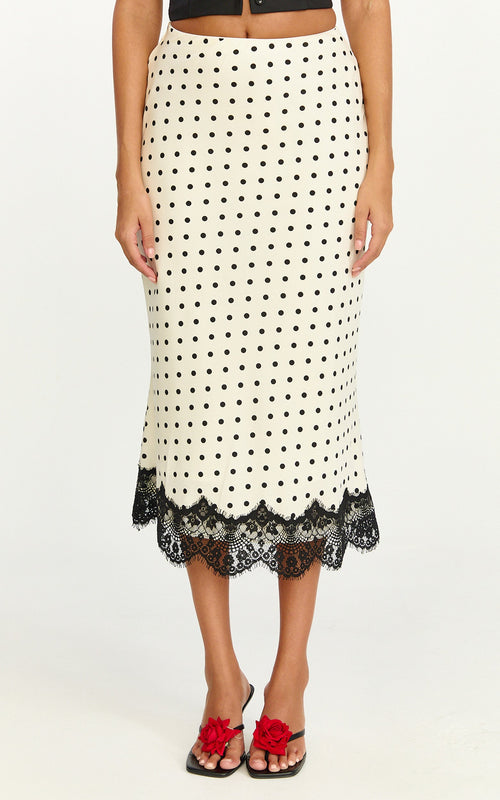 Alba Midi Skirt - Lace Trim Skirt in White/Black Polka