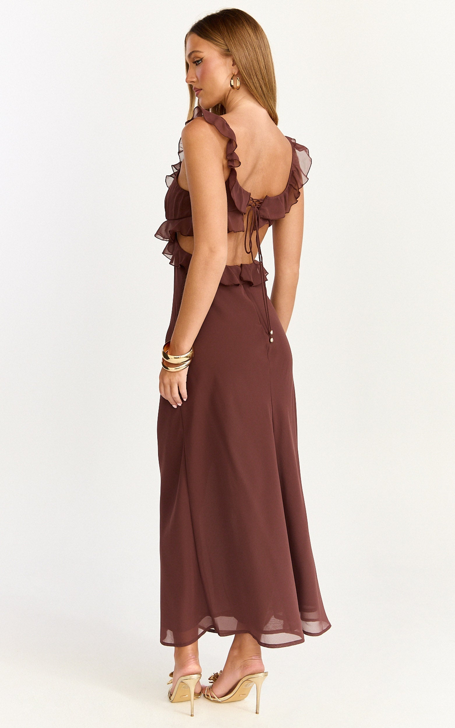 Alessa Midi Dress - V Neck Frill Detail Empire Waist Back Cut Out Dress in Brown