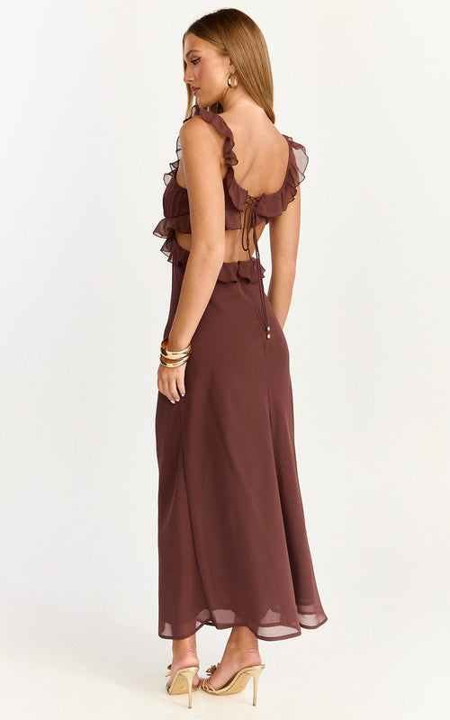 Alessa Midi Dress - V Neck Frill Detail Empire Waist Back Cut Out Dress in Brown