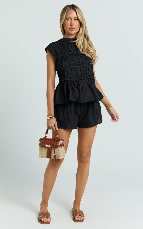 Alina Two Piece Set - Ruched Detail Top and Short Pants Set in Black