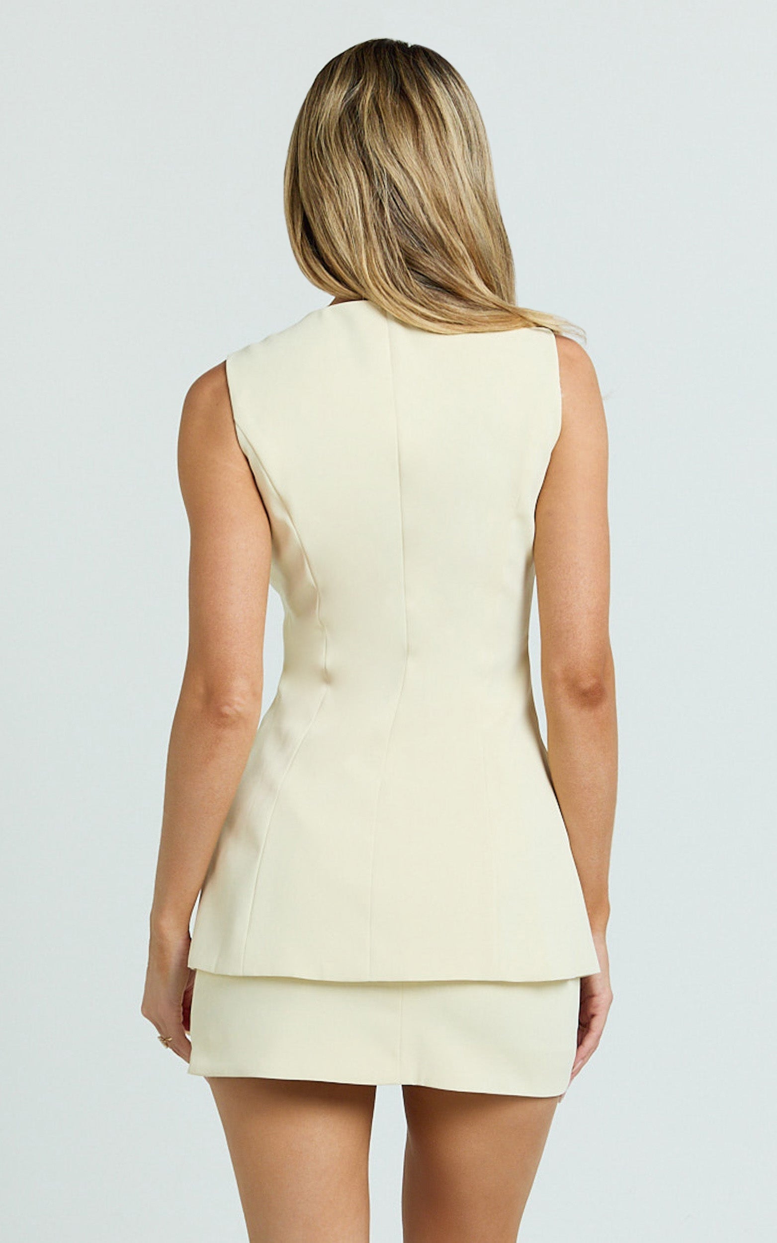 Allora Two Piece Top and Skirt Set - Tailored Vest Top and A Line Mini Skirt Set with Pearl Buttons in Lemon