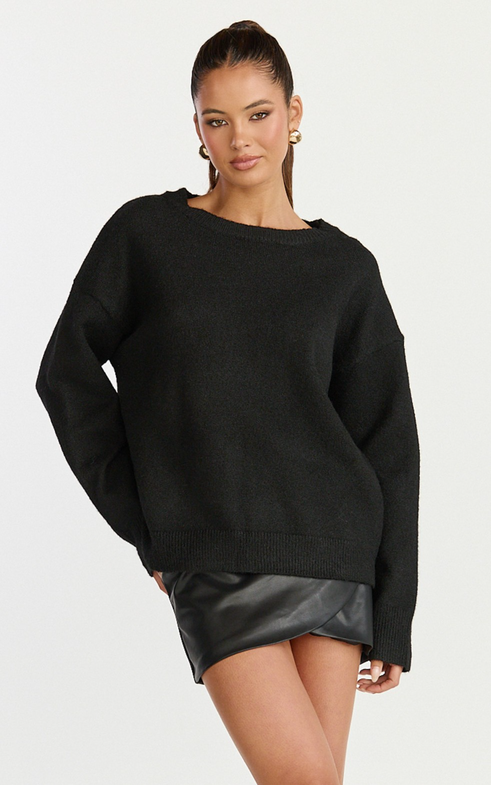 Amanda Jumper - Crew Neck Long Sleeve Knit Sweater in Black