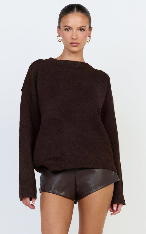 Amanda Jumper - Crew Neck Long Sleeve Knit Sweater in Chocolate