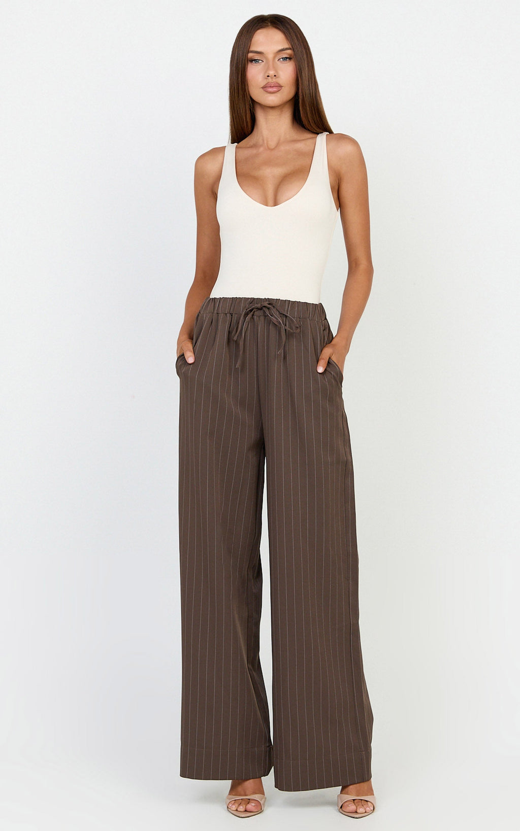 Amara Pants - High Waist Wide Leg Stripe Pants in Chocolate