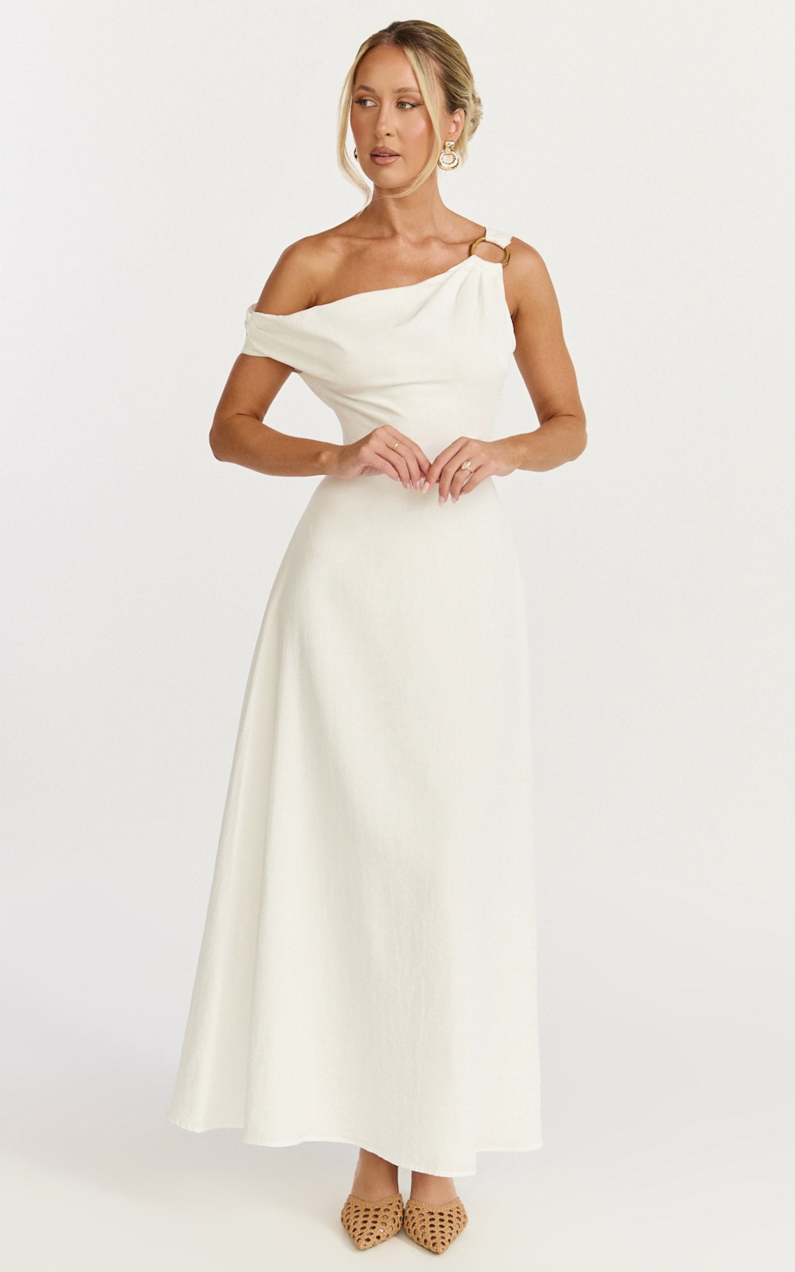 Amber Midi Dress - Off The Shoulder Hardware Detail A Line Dress in White