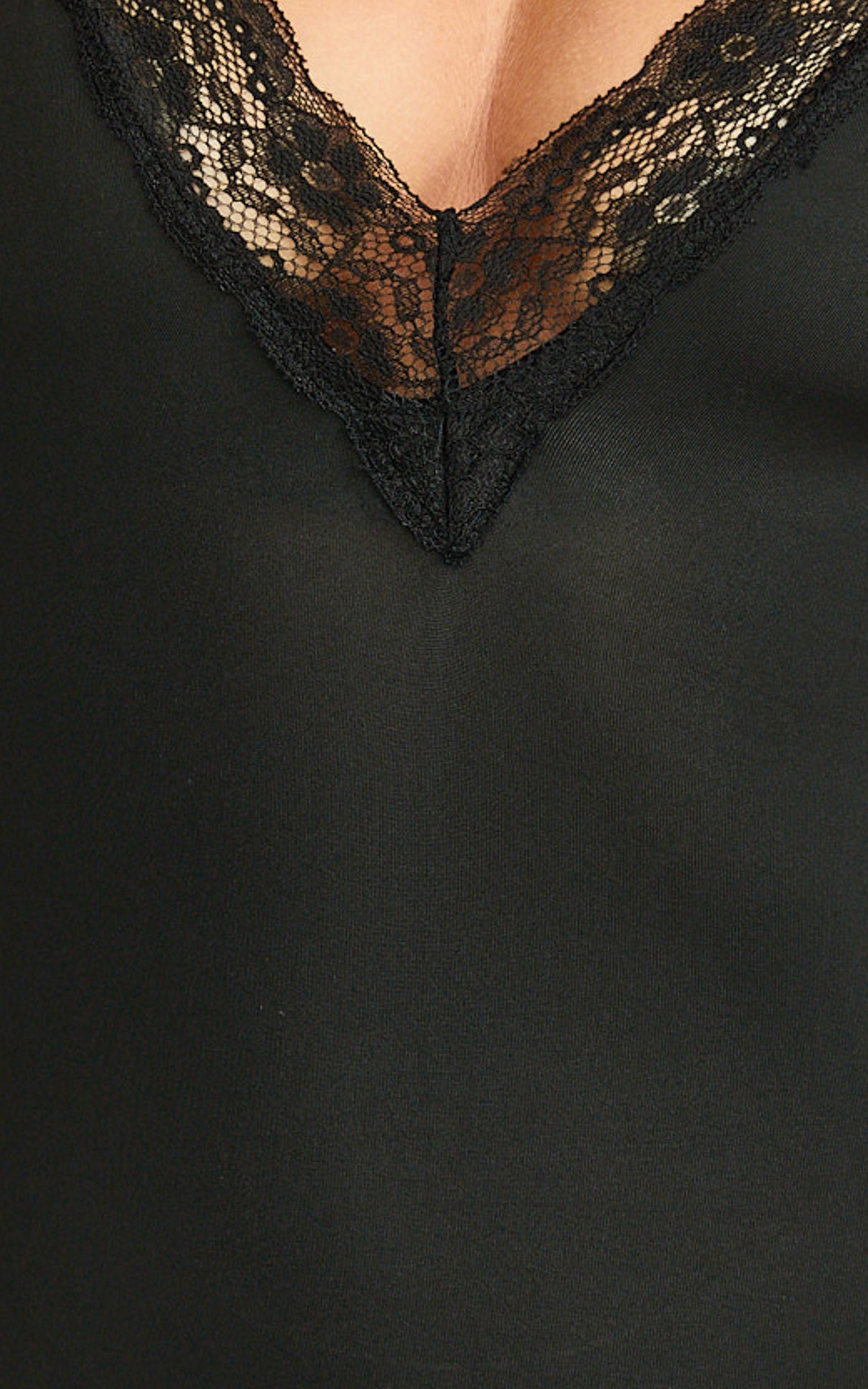 Amelie Bodysuit - Lace Trim V Neck Bodysuit with Shelf Bra in Black