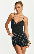 Amelie Bodysuit - Lace Trim V Neck Bodysuit with Shelf Bra in Black