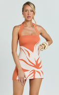 Amy Mini Dress - Knit Straight Halter Neck Bodycon Dress in Orange Intarsia Print