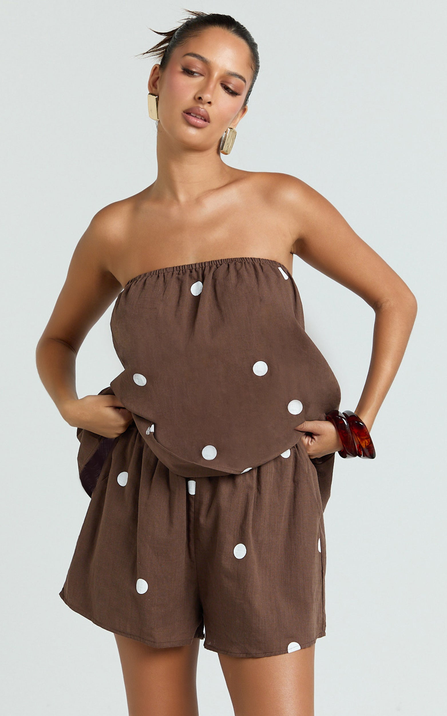 Amy Two Piece Set - Strapless Top and Short Set in Chocolate Polka Dot