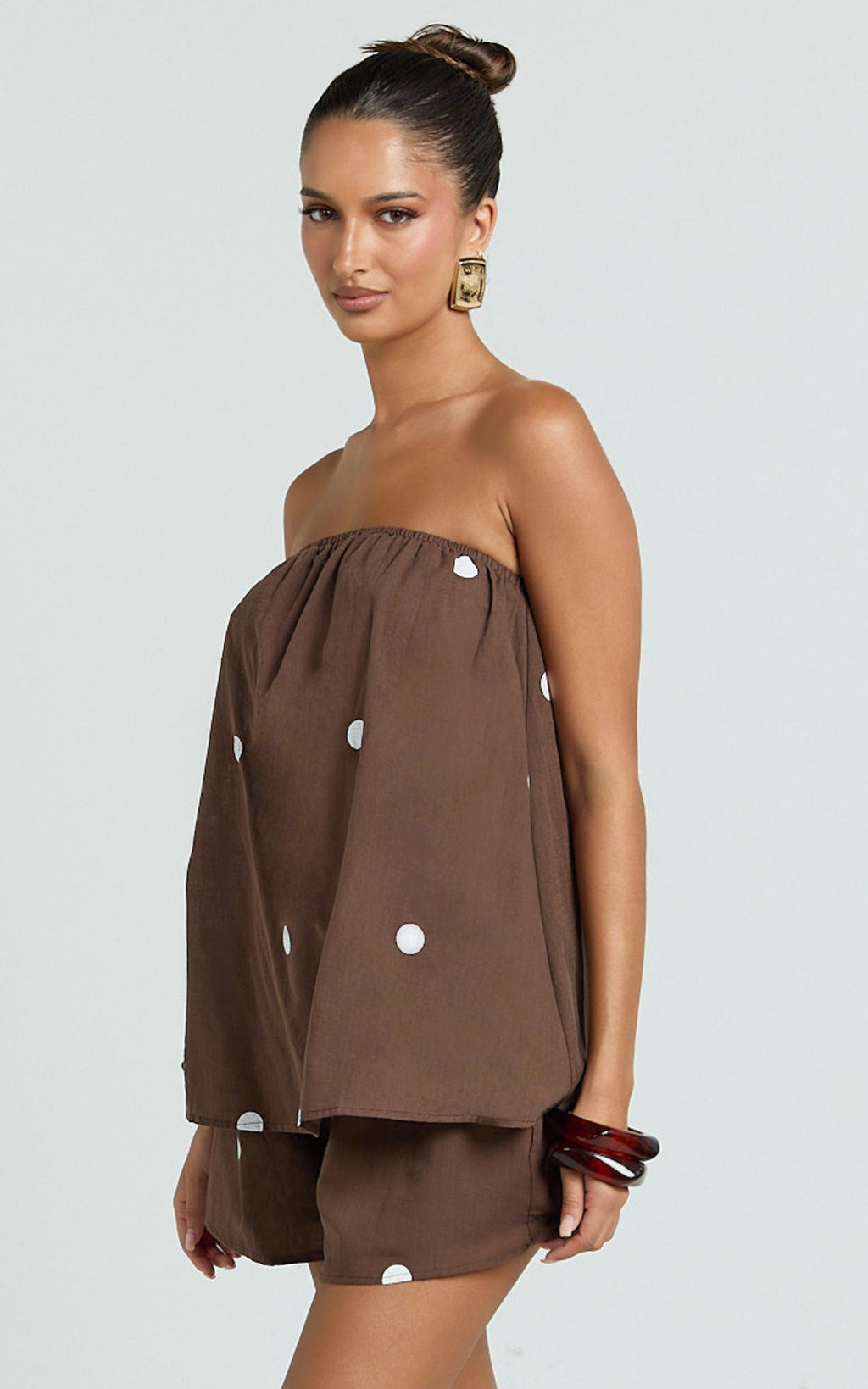 Amy Two Piece Set - Strapless Top and Short Set in Chocolate Polka Dot