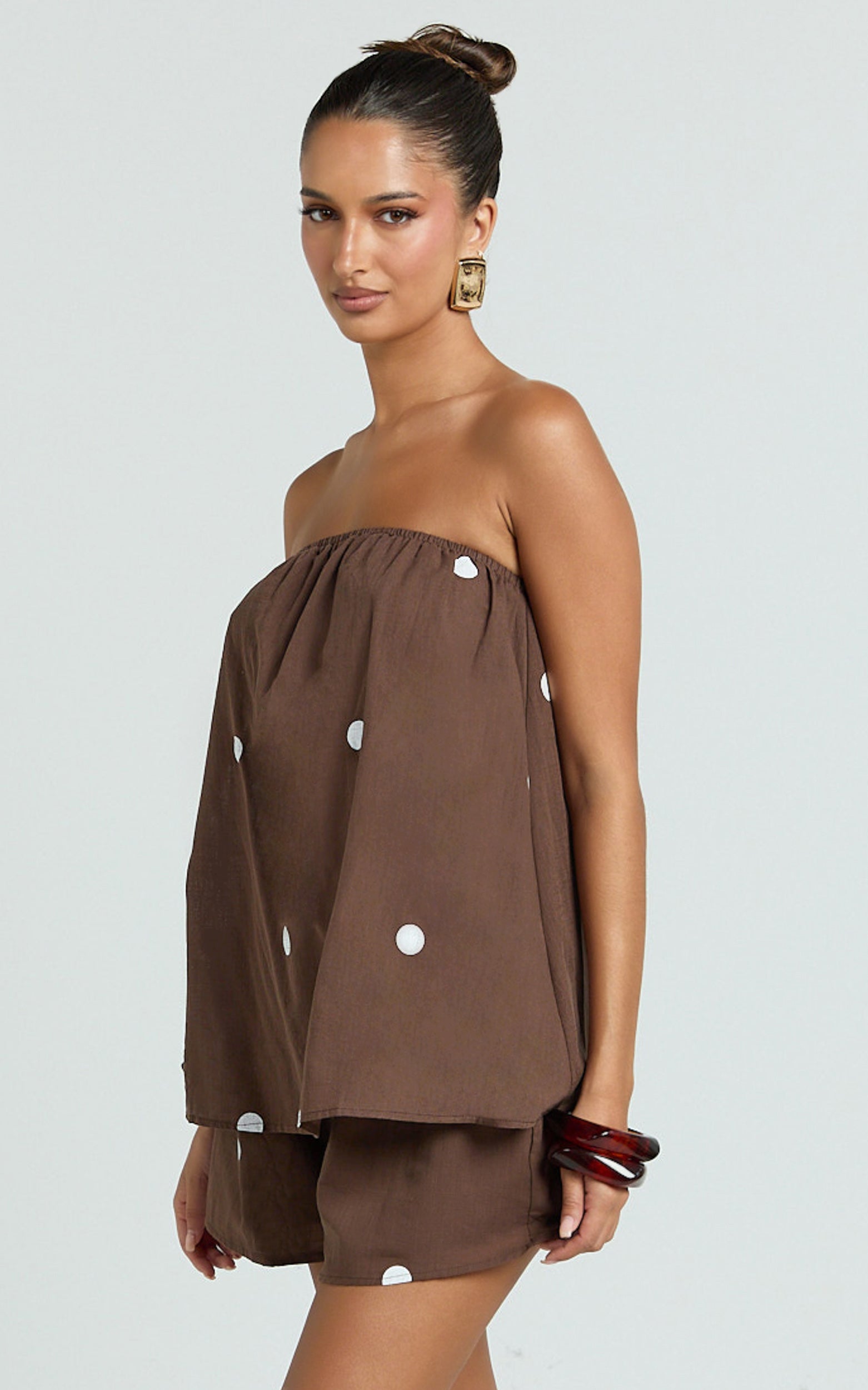 Amy Two Piece Set - Strapless Top and Short Set in Chocolate Polka Dot