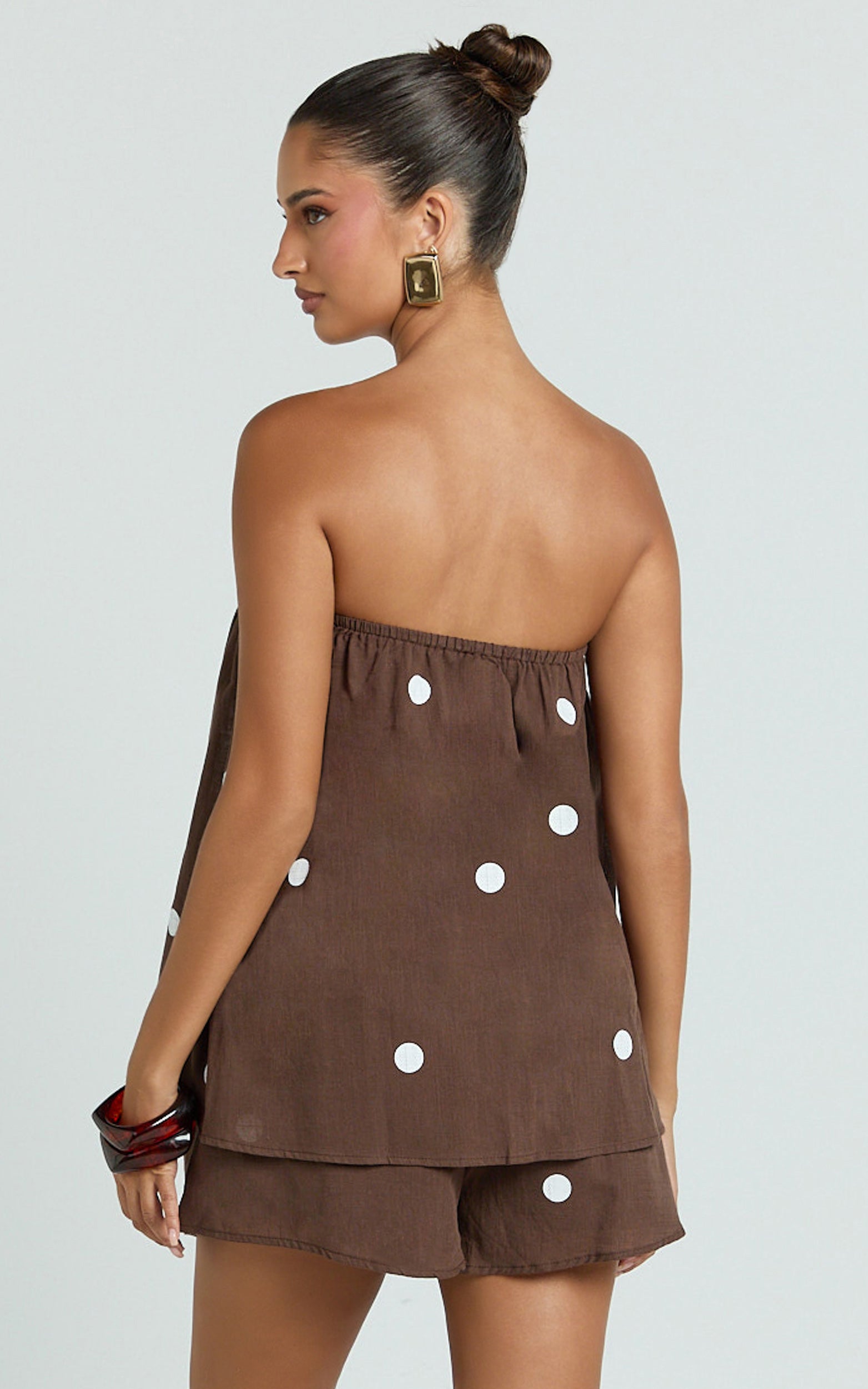 Amy Two Piece Set - Strapless Top and Short Set in Chocolate Polka Dot