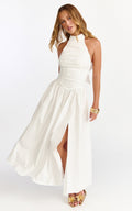 Anya Midi Dress - Halter Neck Ruched Drop Waist Dress in White