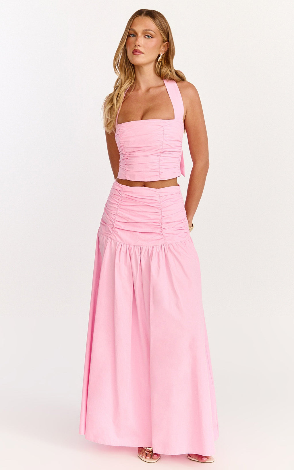 Anya Two Piece Top and Skirt Set - Gathered Halted Neck Top And High Waist  Maxi Skirt in Pink