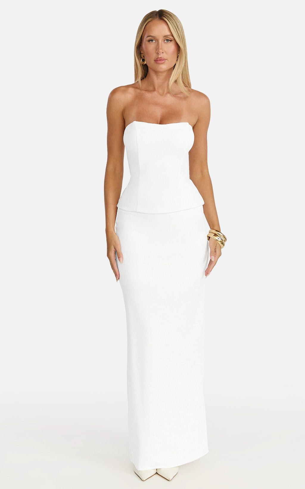 Anya Two Piece Top and Skirt Set - Strapless Fit And Flare Top And Maxi Skirt in Cream