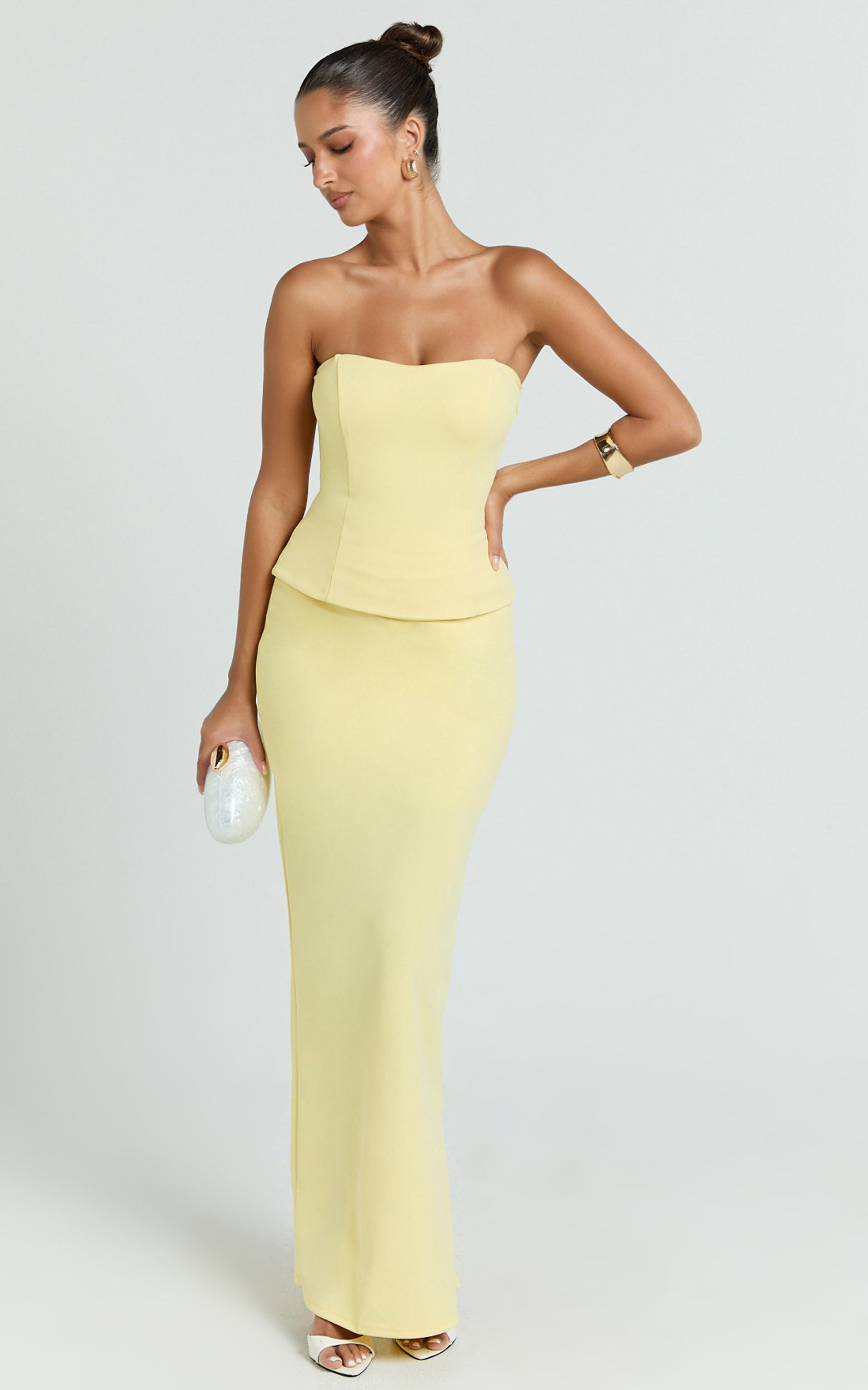 Anya Two Piece Top and Skirt Set - Strapless Fit And Flare Top And Maxi Skirt in Lemon