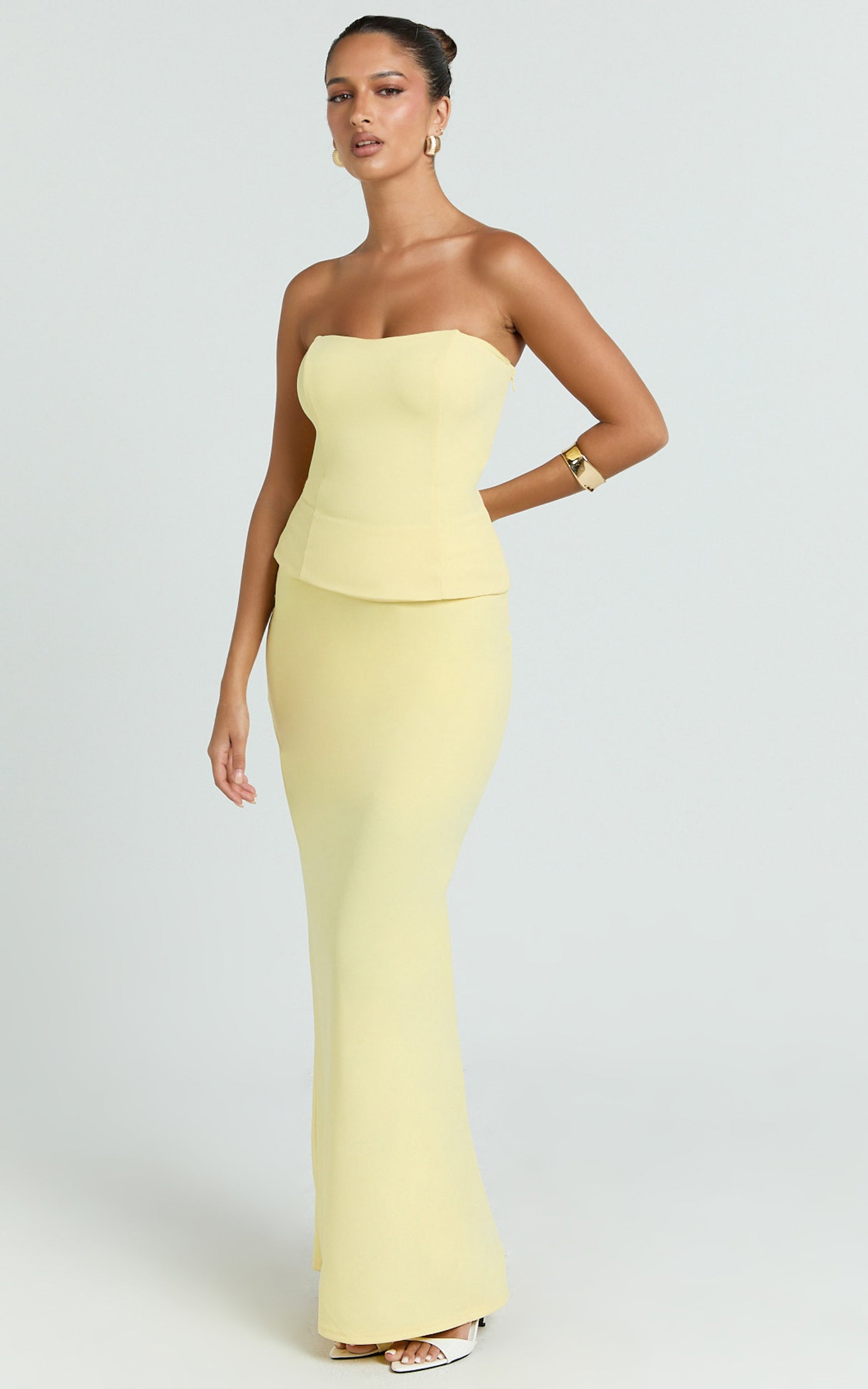 Anya Two Piece Top and Skirt Set - Strapless Fit And Flare Top And Maxi Skirt in Lemon