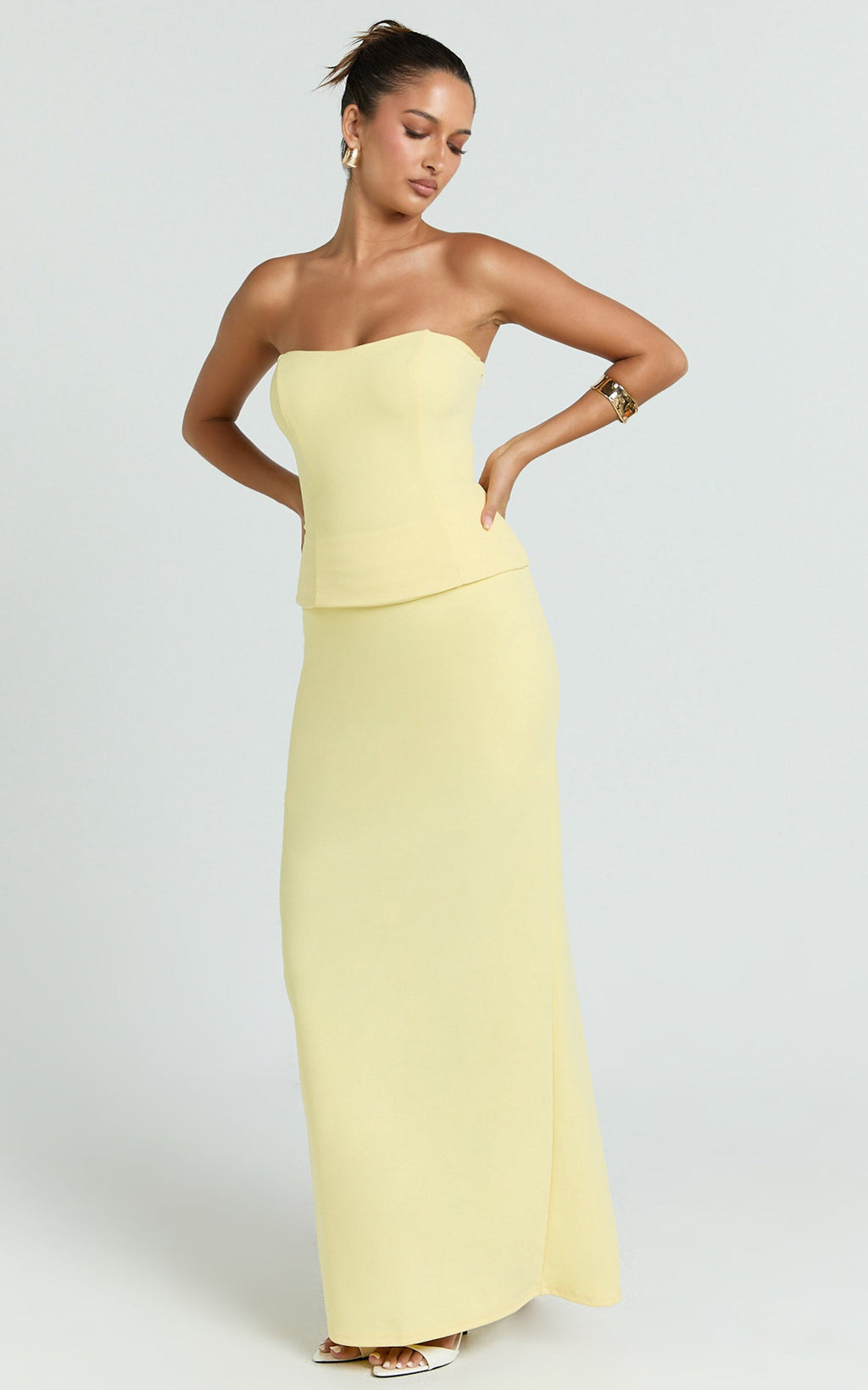 Anya Two Piece Top and Skirt Set - Strapless Fit And Flare Top And Maxi Skirt in Lemon