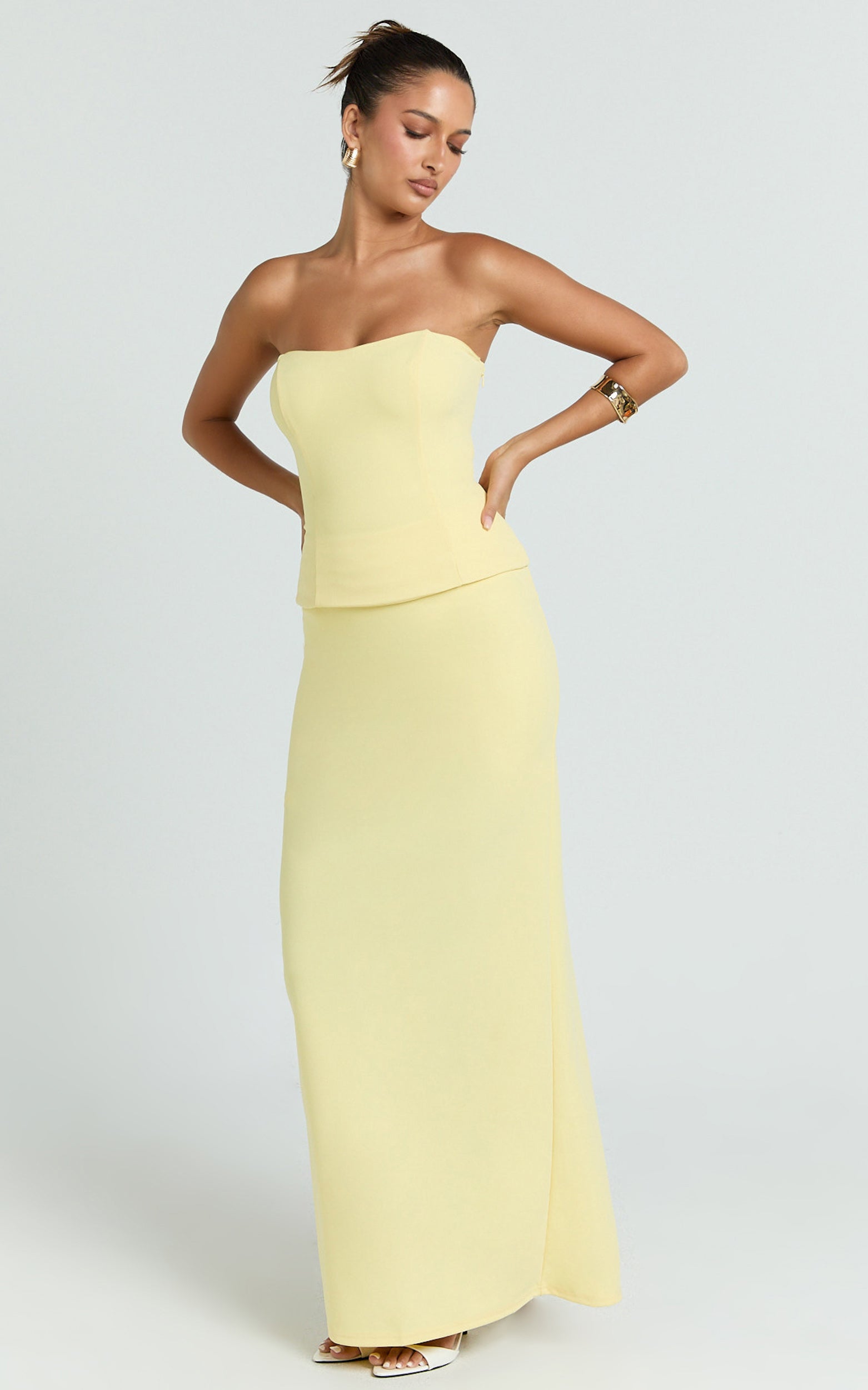 Anya Two Piece Top and Skirt Set - Strapless Fit And Flare Top And Maxi Skirt in Lemon