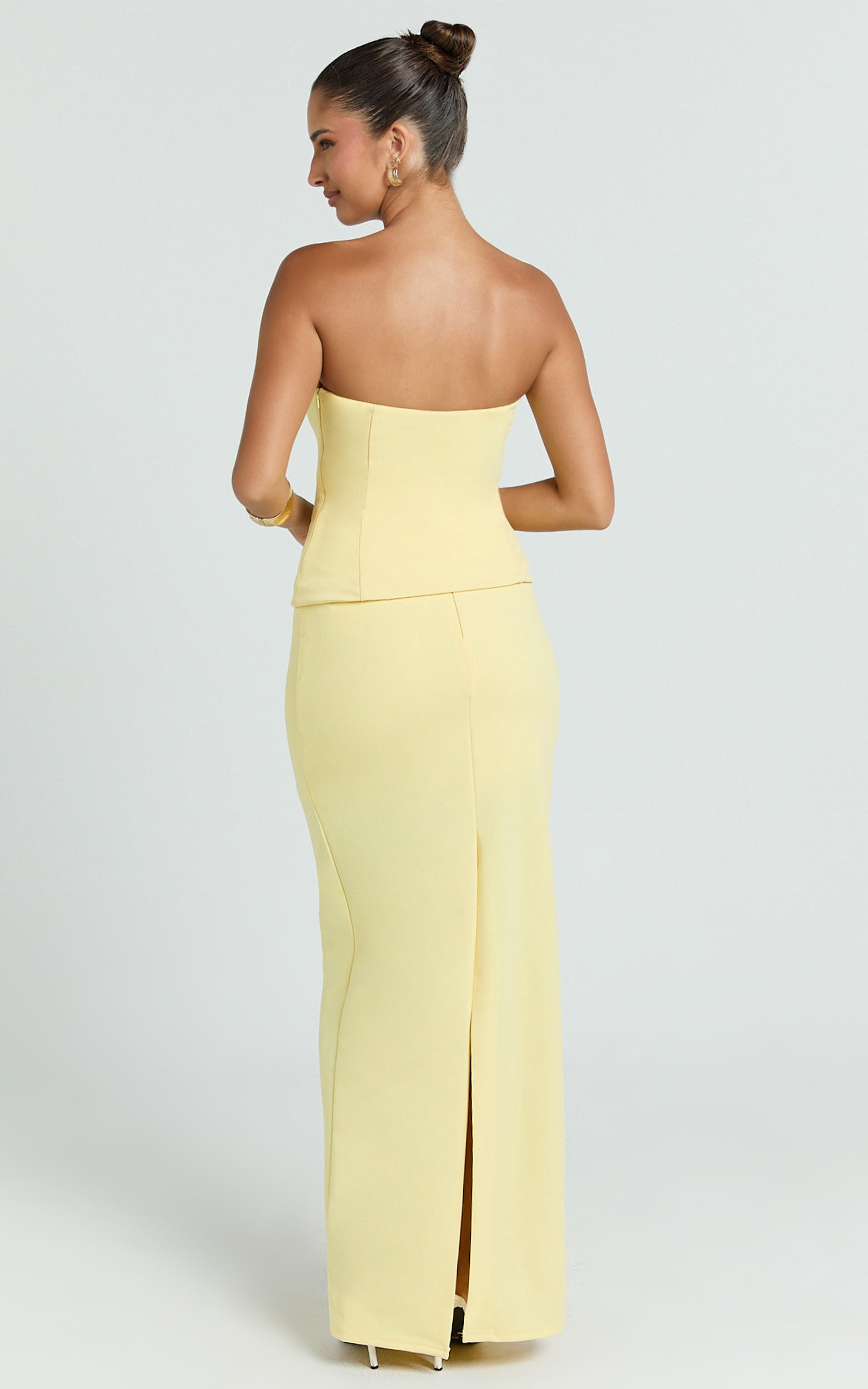 Anya Two Piece Top and Skirt Set - Strapless Fit And Flare Top And Maxi Skirt in Lemon
