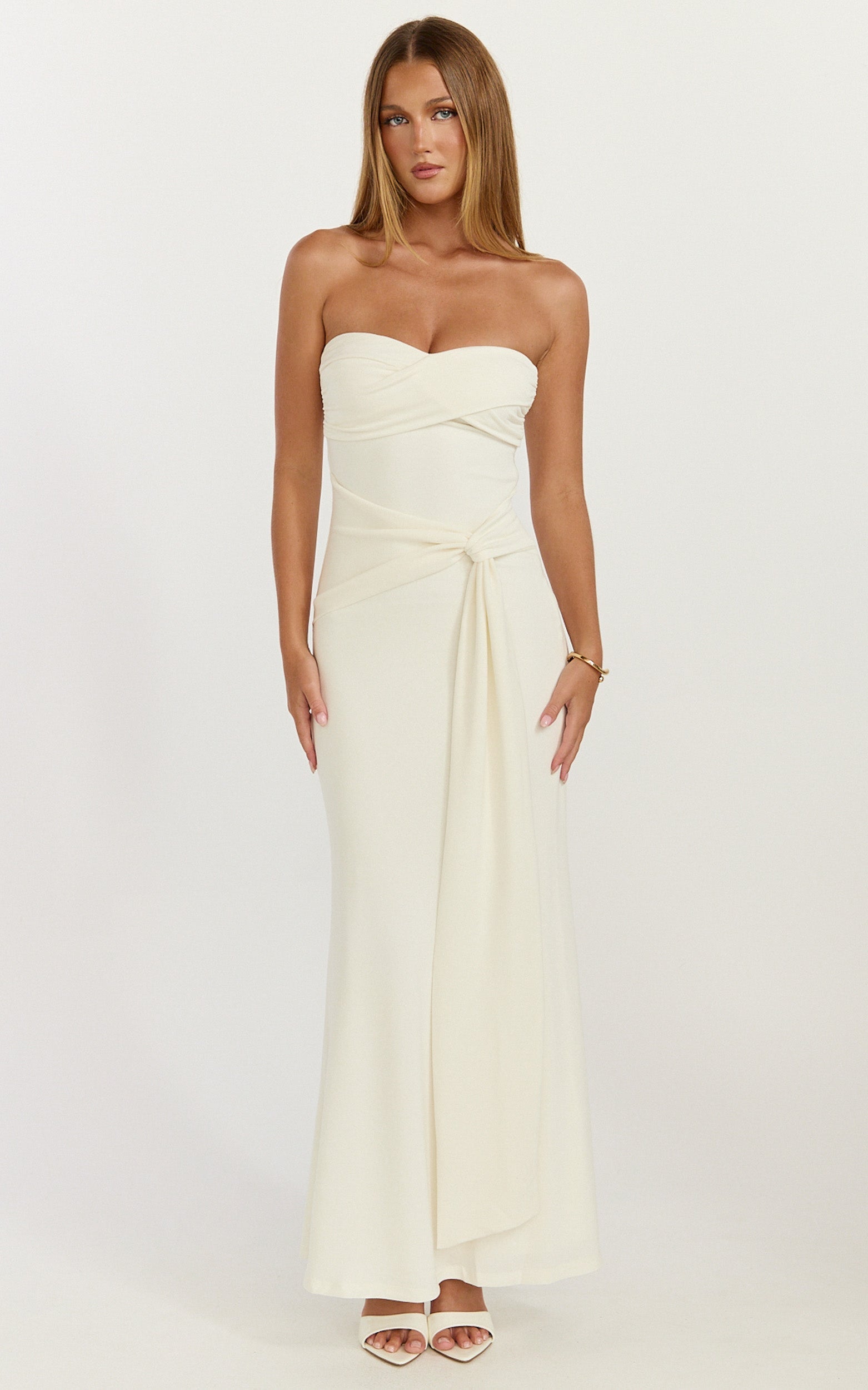 Aria Midi Dress - Strapless Tie Waist Dress in Off White