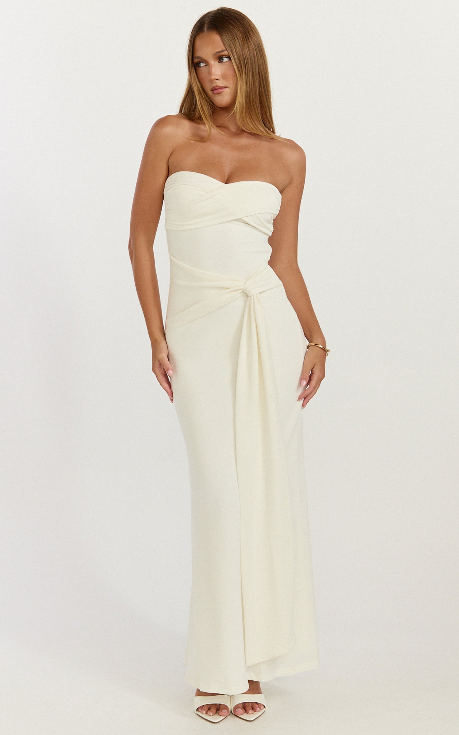 Aria Midi Dress - Strapless Tie Waist Dress in Off White