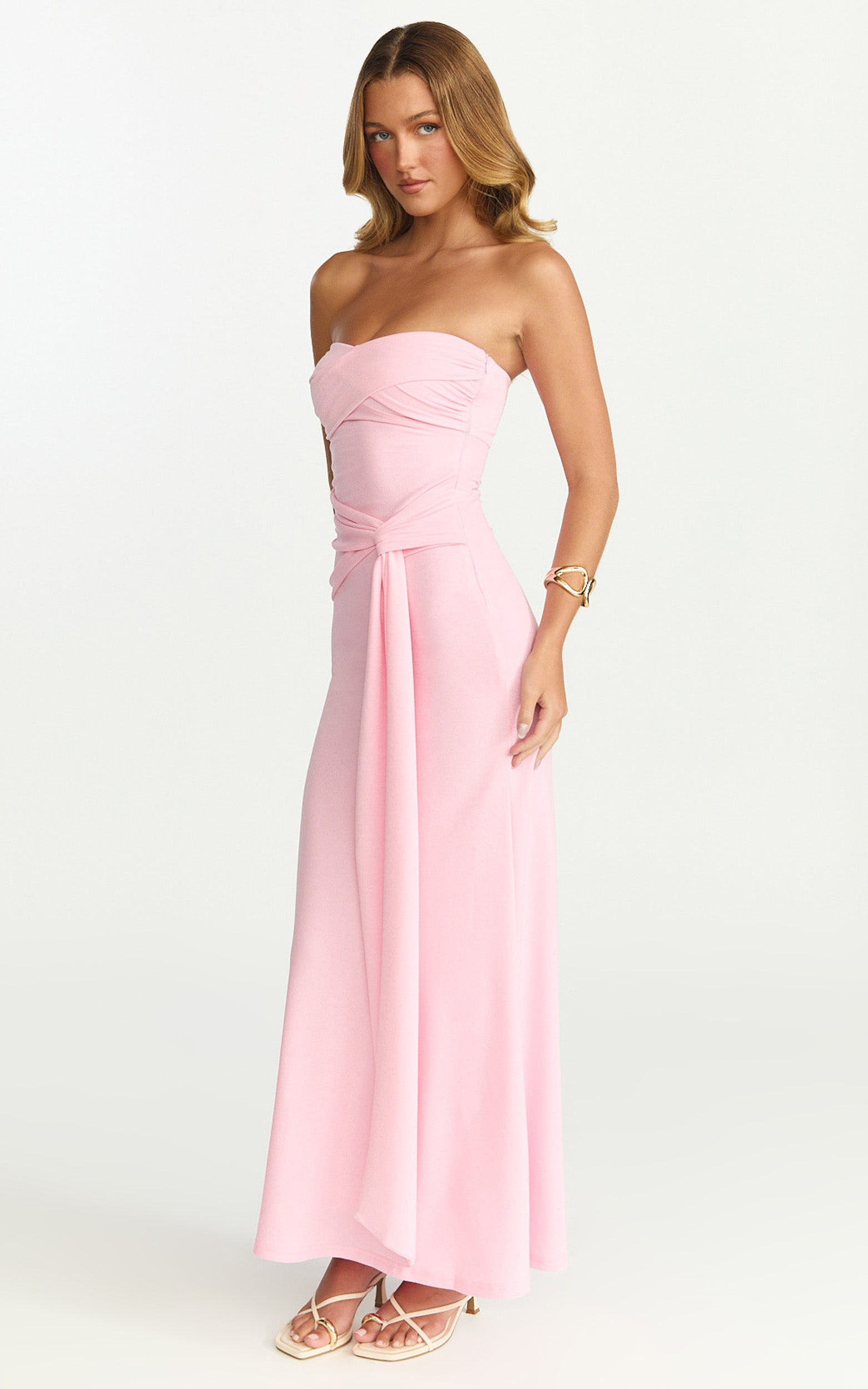 Aria Midi Dress - Strapless Tie Waist Dress in Pink