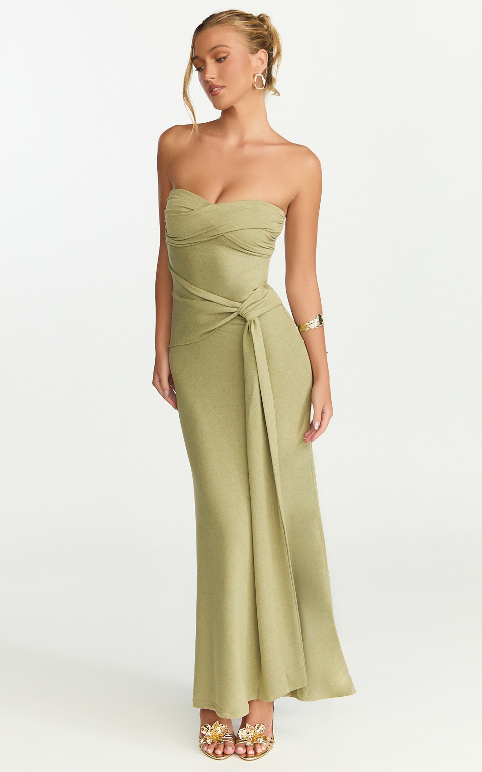 Aria Midi Dress - Strapless Tie Waist Dress in Sage