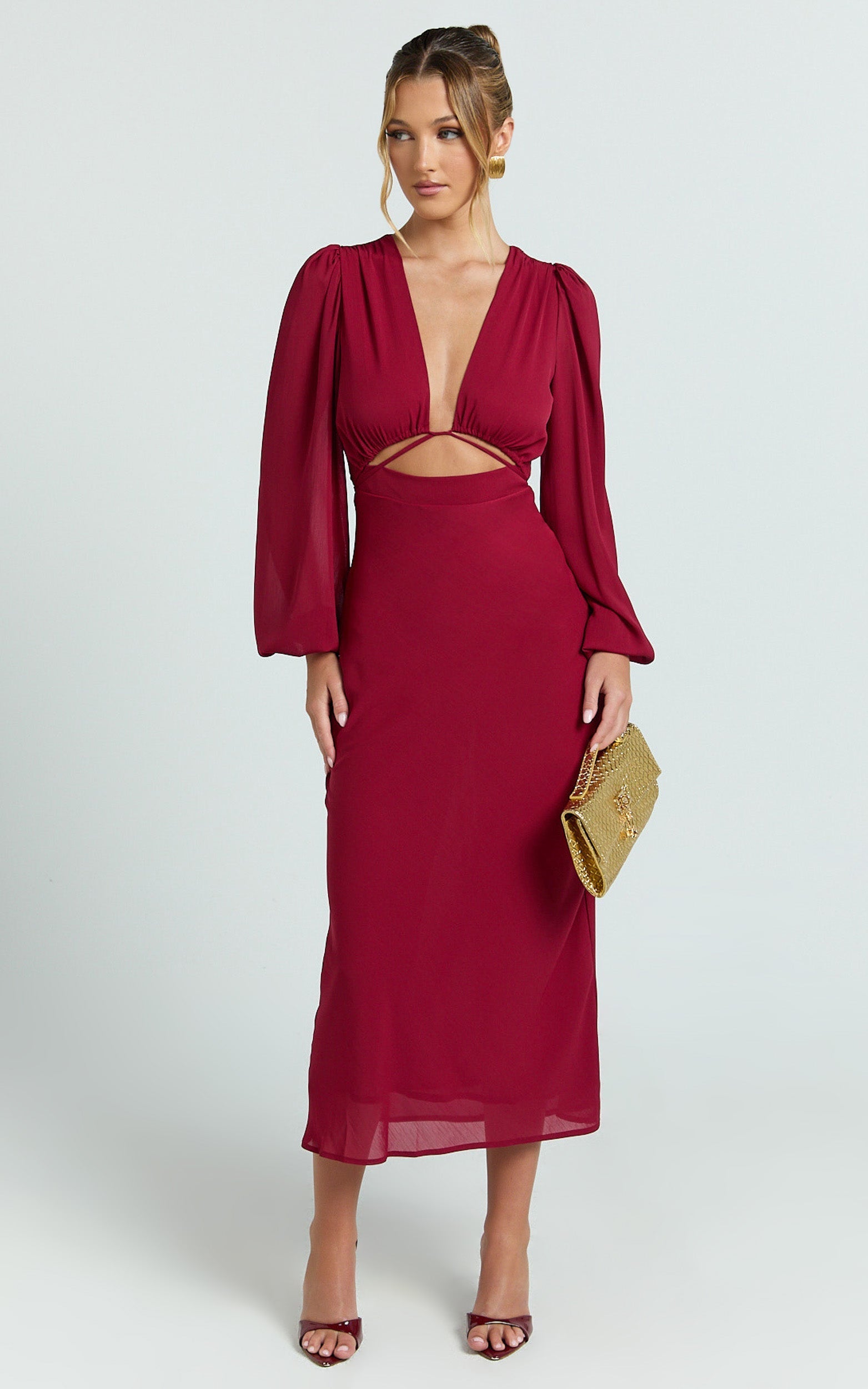 Artola Midi Dress - Front Cut Out Long Sleeve Dress in Wine