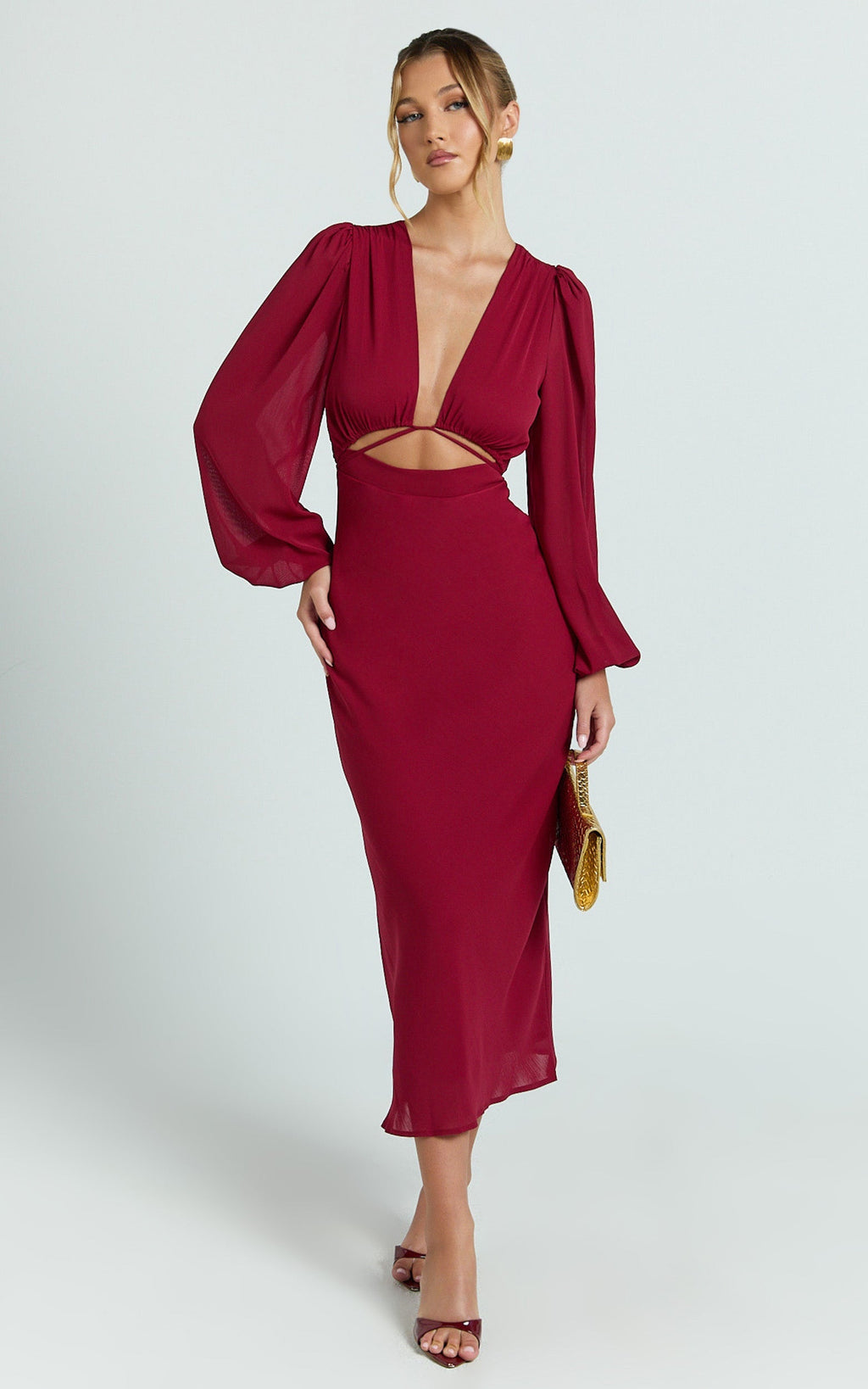 Artola Midi Dress - Front Cut Out Long Sleeve Dress in Wine