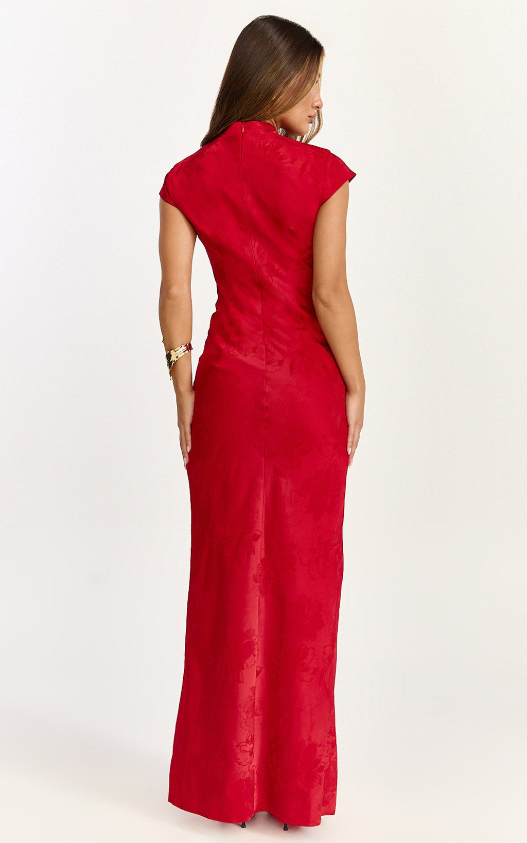 Atalia Maxi Dress - Mandarin Collar Jacquard Cap Sleeve Dress in Red