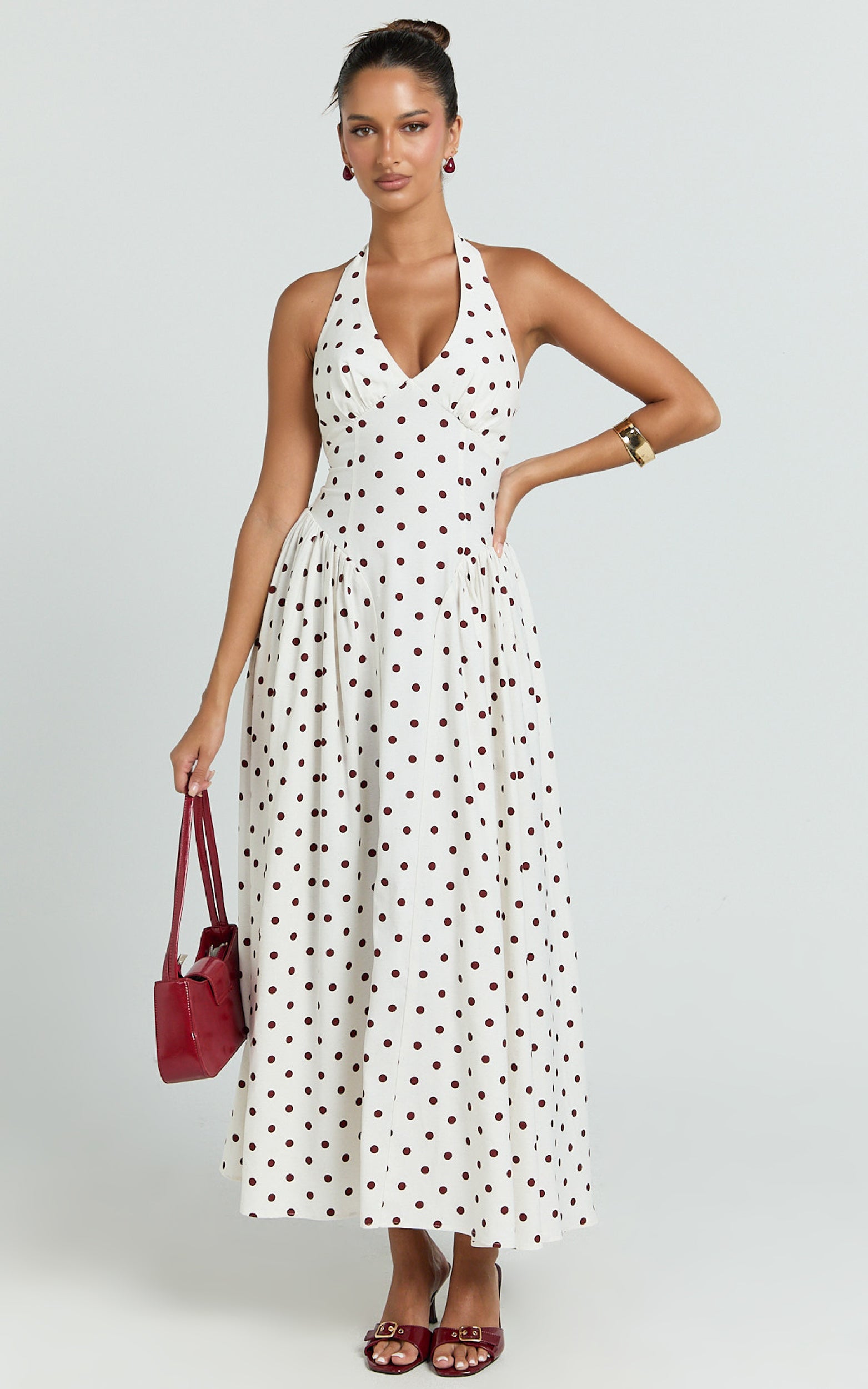 Athena Midi Dress - Halter Drop Waist Dress in Red Polka Dot